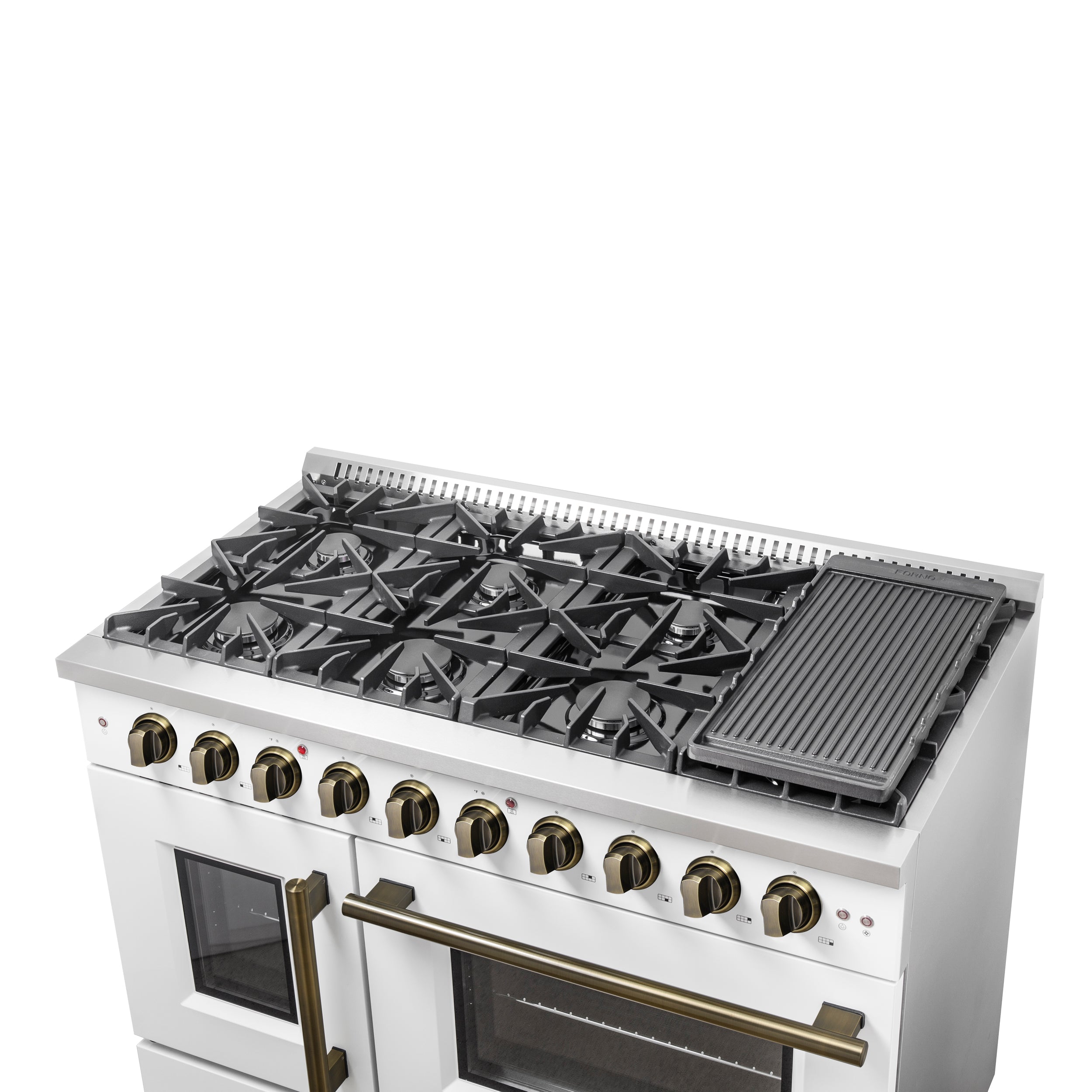 Forno Galiano 48 in. 6.58 cu. ft. 8-Burner White French Door Gas Range with Antique Brass Accents| FFSGS6444-48WHT