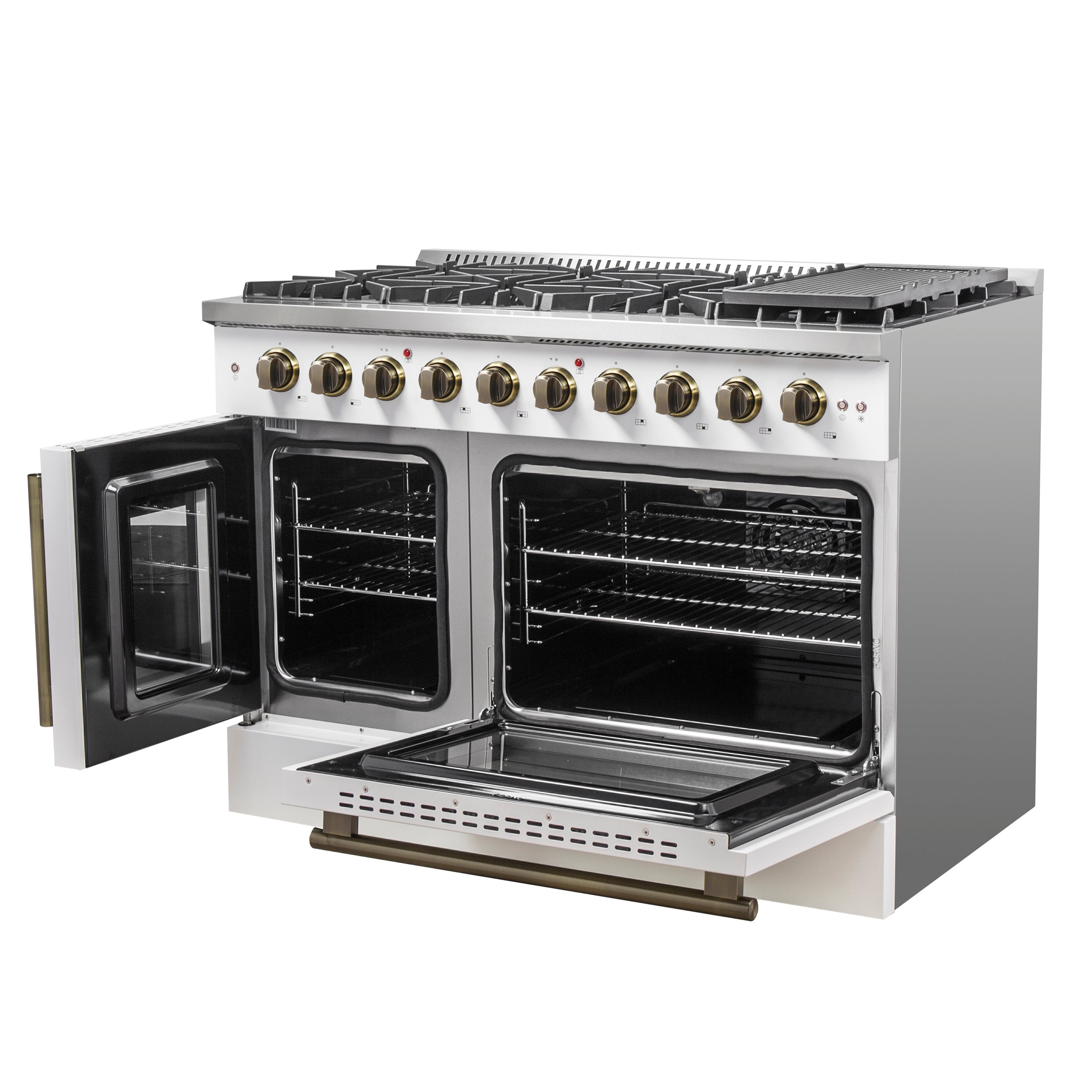 Forno Galiano 48 in. 6.58 cu. ft. 8-Burner White French Door Gas Range with Antique Brass Accents| FFSGS6444-48WHT