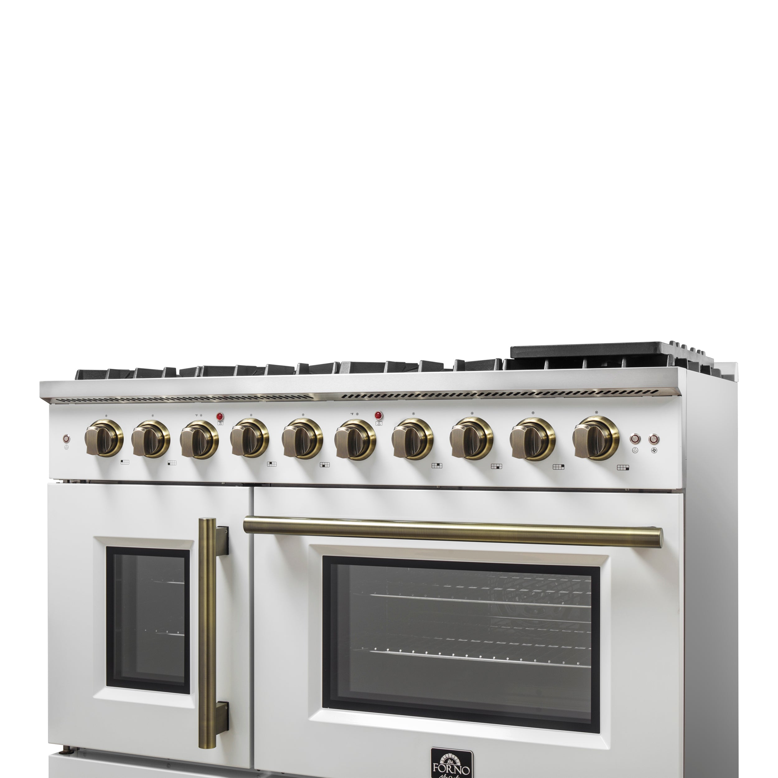 Forno Galiano 48 in. 6.58 cu. ft. 8-Burner White French Door Gas Range with Antique Brass Accents| FFSGS6444-48WHT