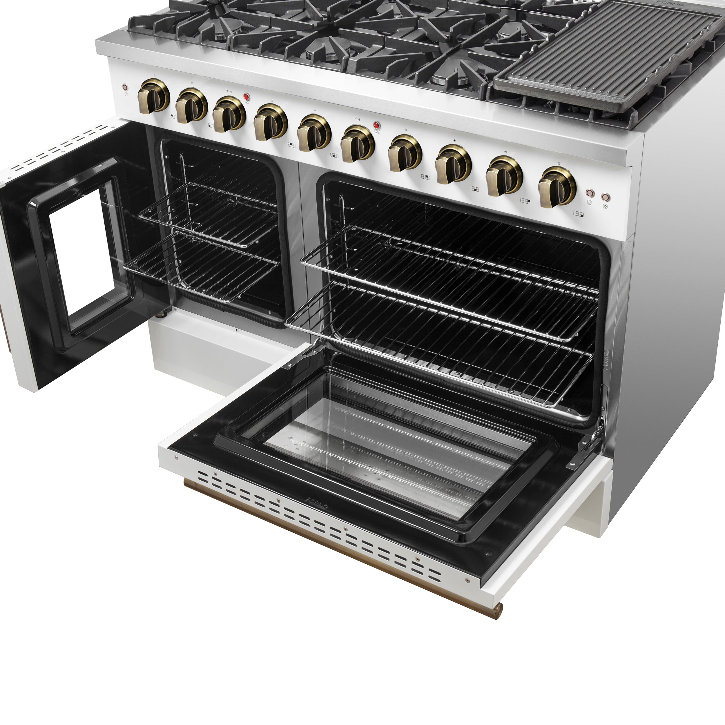 Forno Galiano 48 in. 6.58 cu. ft. 8-Burner White French Door Gas Range with Antique Brass Accents| FFSGS6444-48WHT