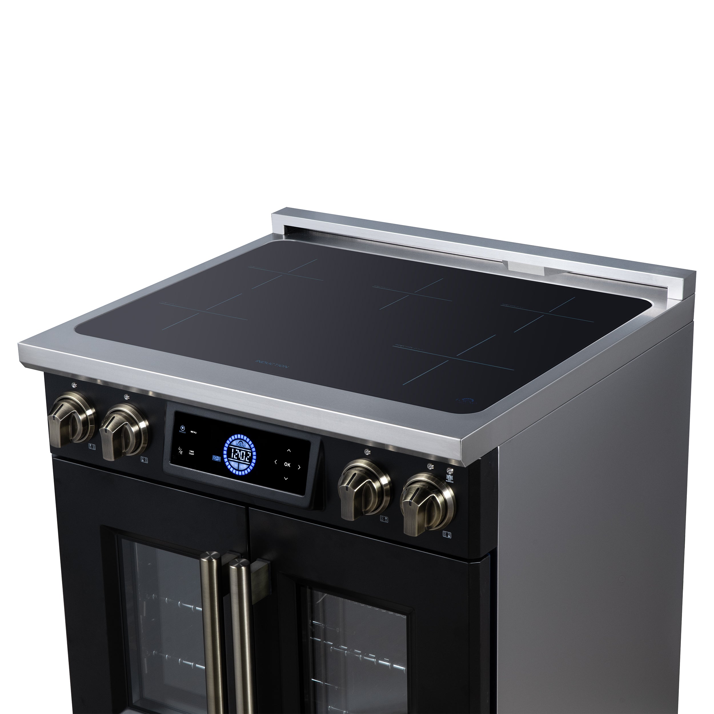 Maximus 30-Inch Induction range, French Door, 4 Cooking Zones, 4.32 cf. Convection Oven, Air Sous Vide, Air Fry Basket, Black