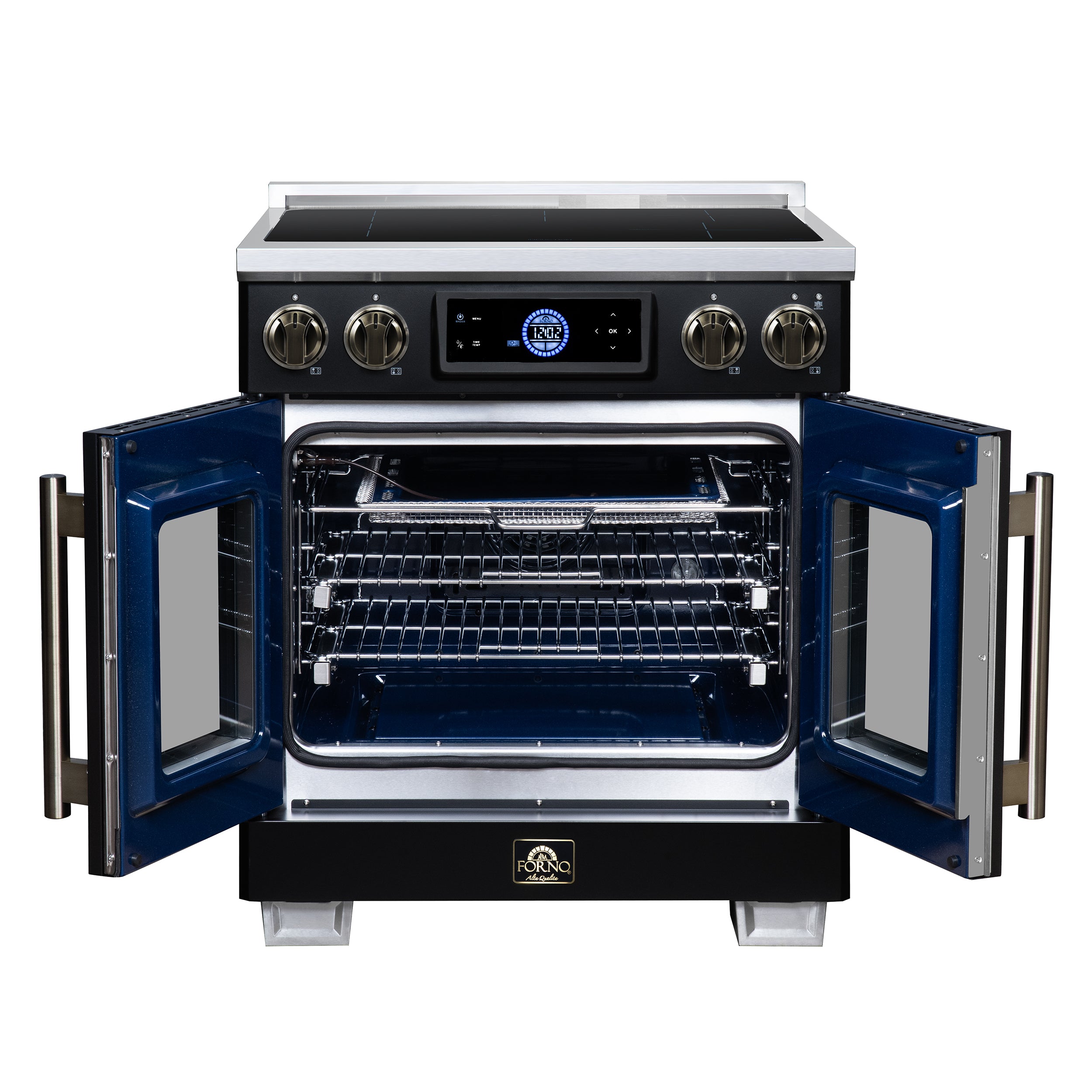 Maximus 30-Inch Induction range, French Door, 4 Cooking Zones, 4.32 cf. Convection Oven, Air Sous Vide, Air Fry Basket, Black