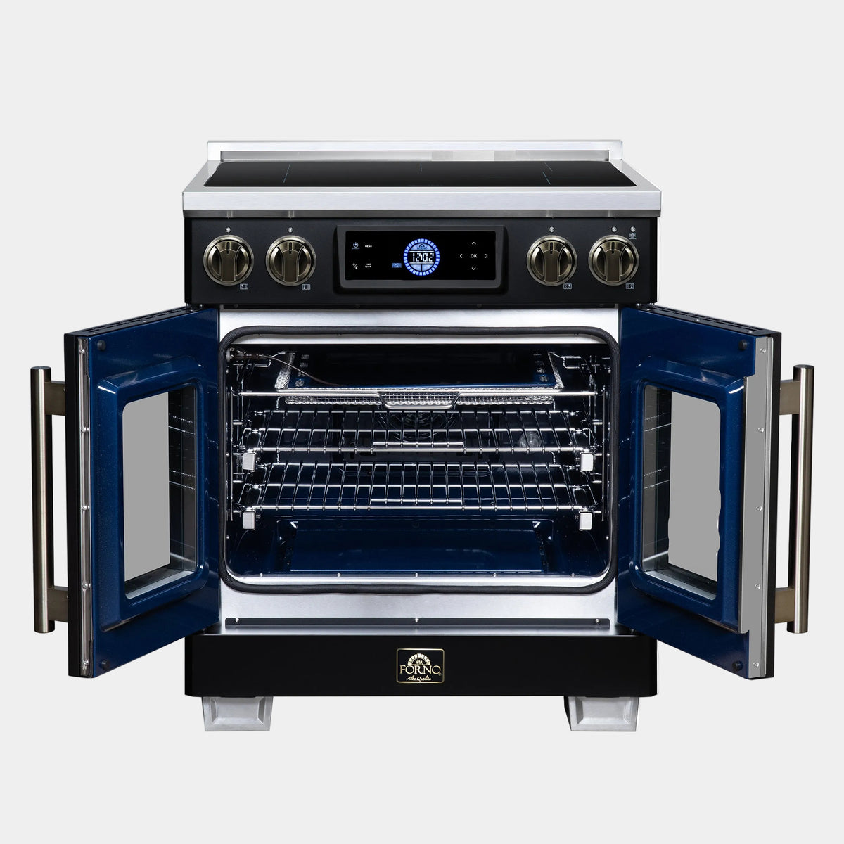 Forno Maximus 30 in. 4.32 cu. ft. Black French Door Induction Range with Air Fry, True Convection, Air Sous Vide and Antique Brass Accents | FFSIN0932-30BLK