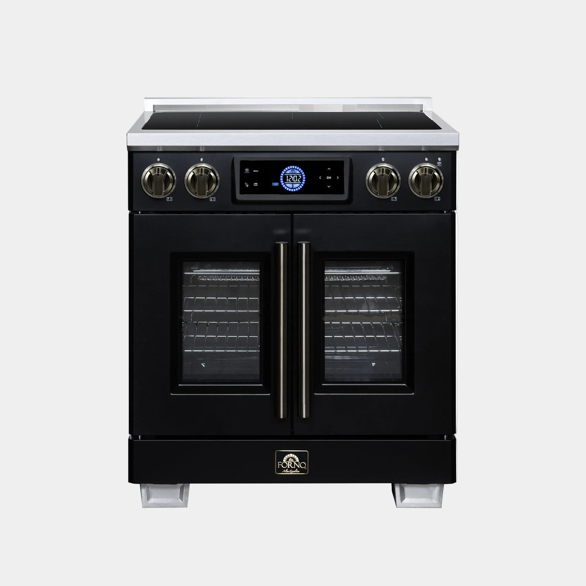 Forno Maximus 30 in. 4.32 cu. ft. Black French Door Induction Range with Air Fry, True Convection, Air Sous Vide and Antique Brass Accents | FFSIN0932-30BLK