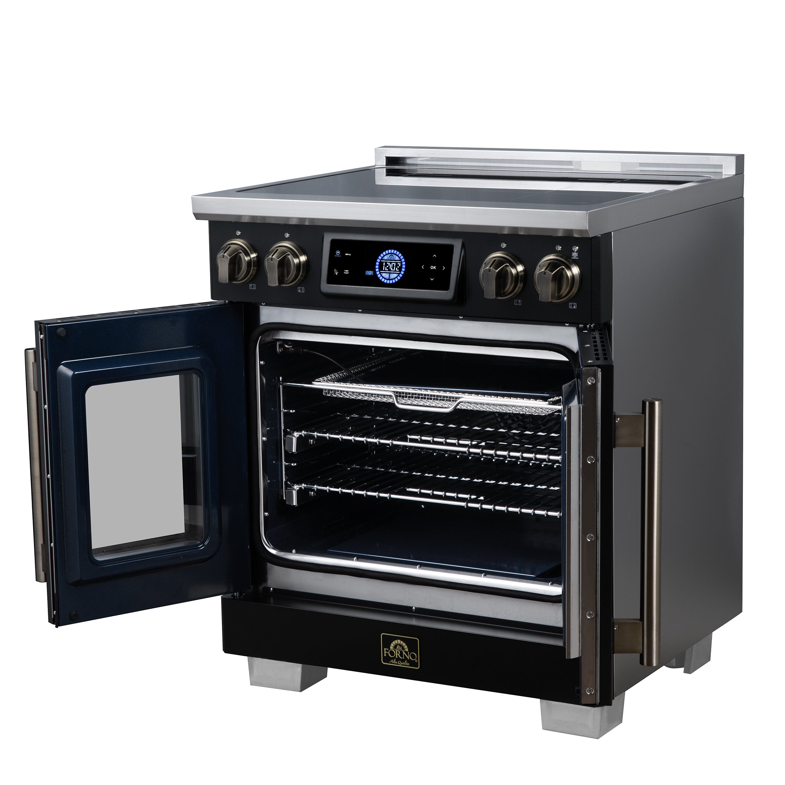 Maximus 30-Inch Induction range, French Door, 4 Cooking Zones, 4.32 cf. Convection Oven, Air Sous Vide, Air Fry Basket, Black
