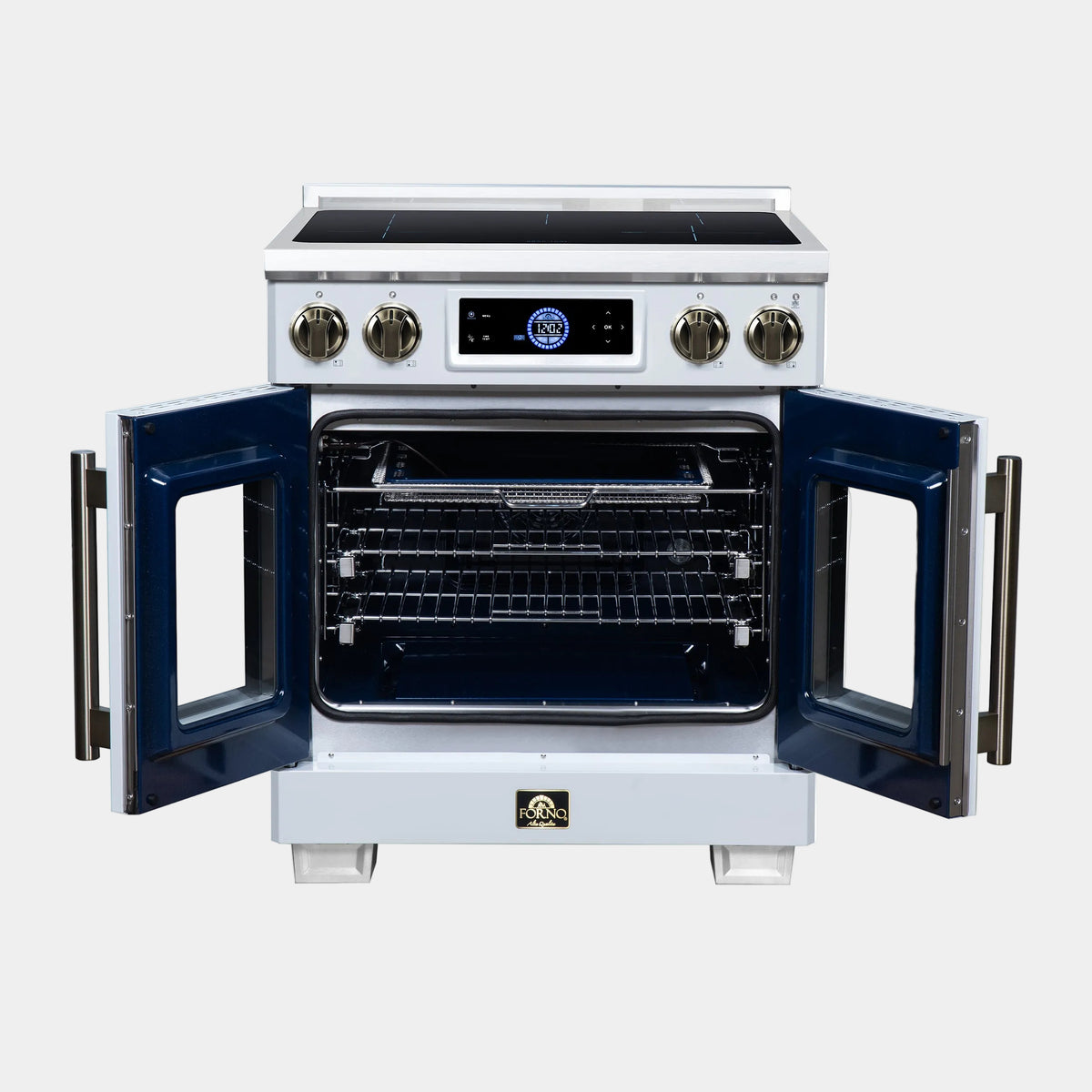 Forno Maximus 30 in. 4.32 cu. ft. White French Door Induction Range with Air Fry, True Convection, Air Sous Vide and Antique Brass Accents | FFSIN0932-30WHT