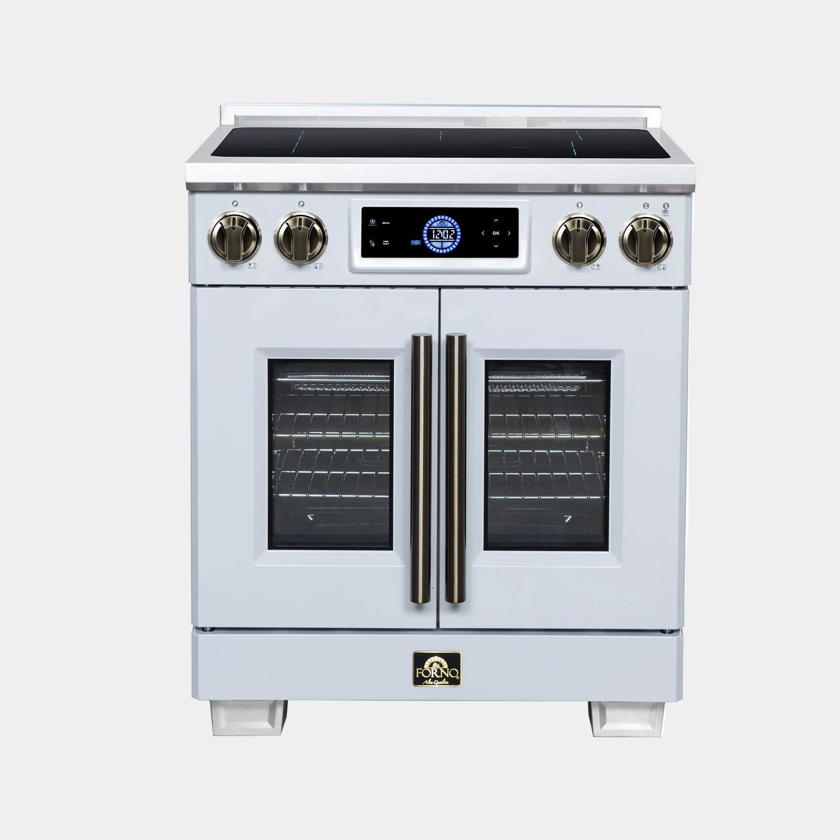 Forno Maximus 30 in. 4.32 cu. ft. White French Door Induction Range with Air Fry, True Convection, Air Sous Vide and Antique Brass Accents | FFSIN0932-30WHT