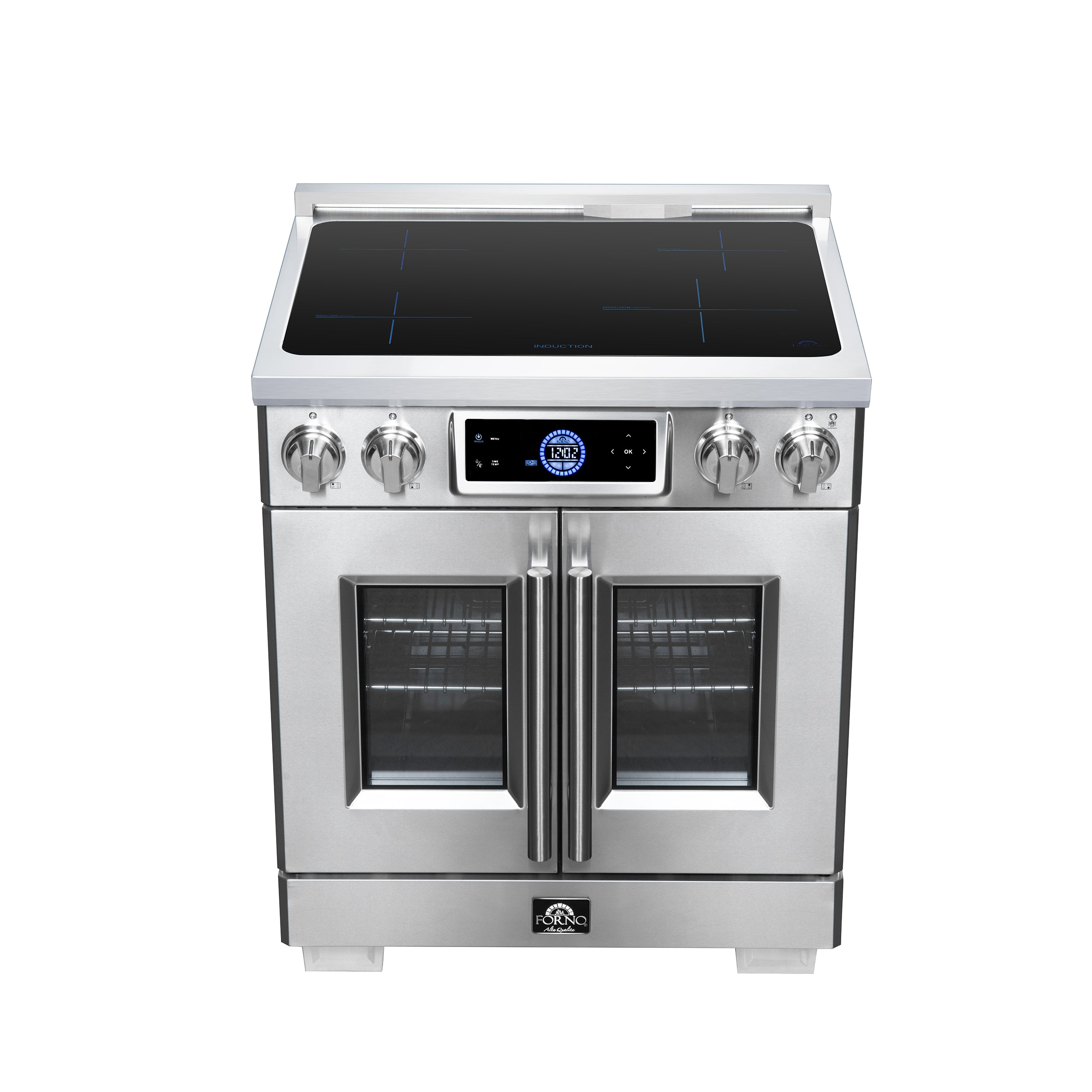 Maximus 30-Inch Induction range, French Door, 4 Cooking Zones, 4.32 cf. Convection Oven, Air Sous Vide, Air Fry Basket, Stainless Steel