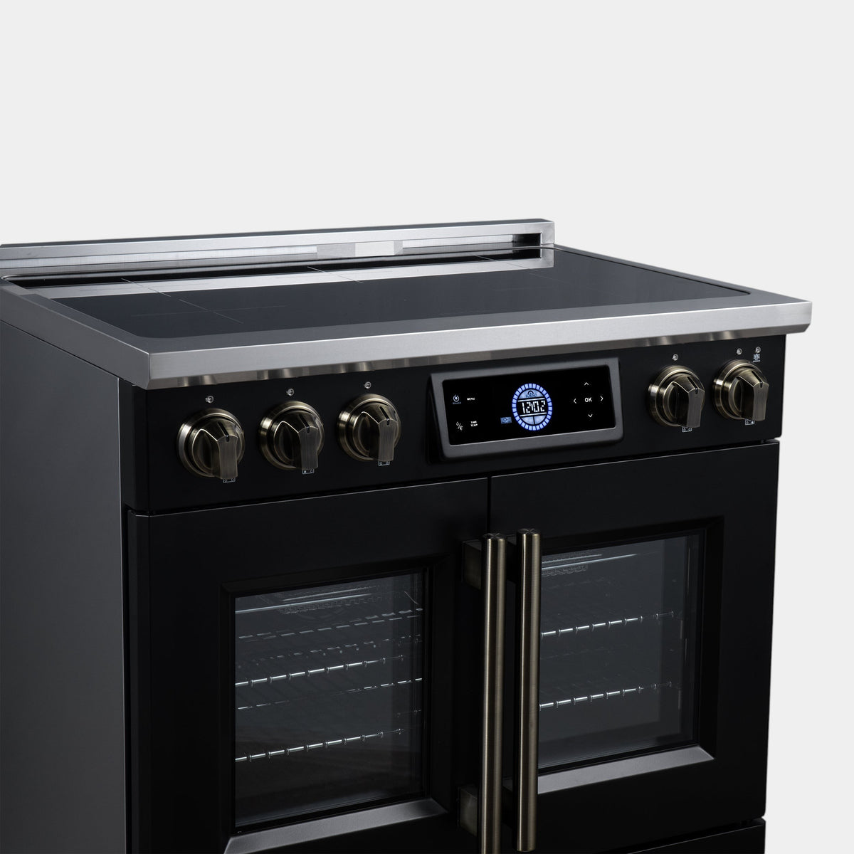 Forno Maximus 36 in. 5.36 cu. ft. Black French Door Induction Range with Air Fry, True Convection, Air Sous Vide and Antique Brass Accents | FFSIN0932-36BLK