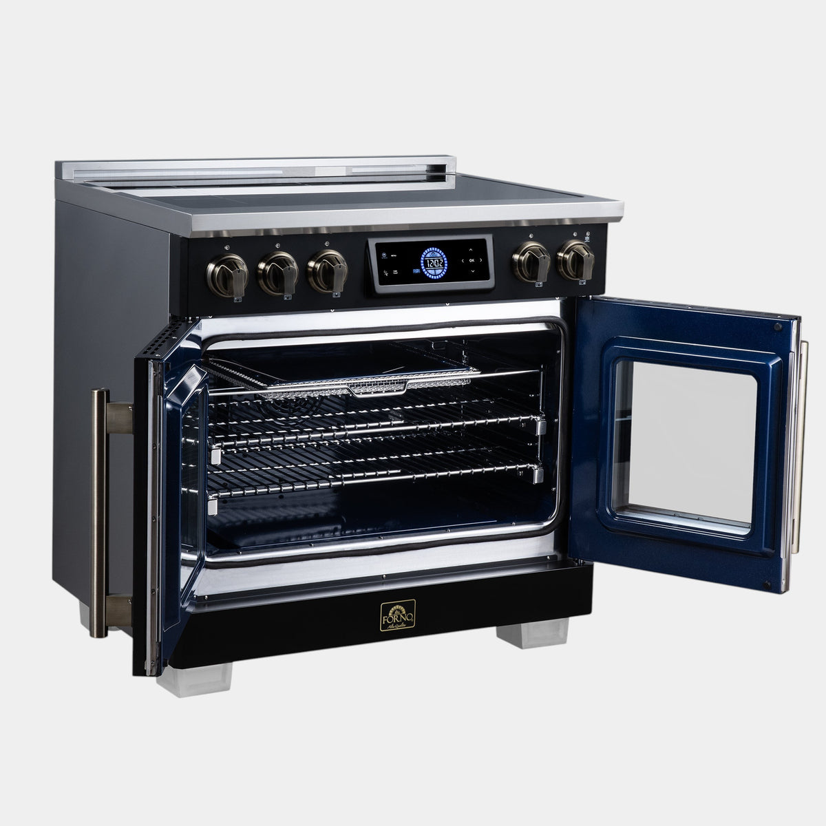 Forno Maximus 36 in. 5.36 cu. ft. Black French Door Induction Range with Air Fry, True Convection, Air Sous Vide and Antique Brass Accents | FFSIN0932-36BLK