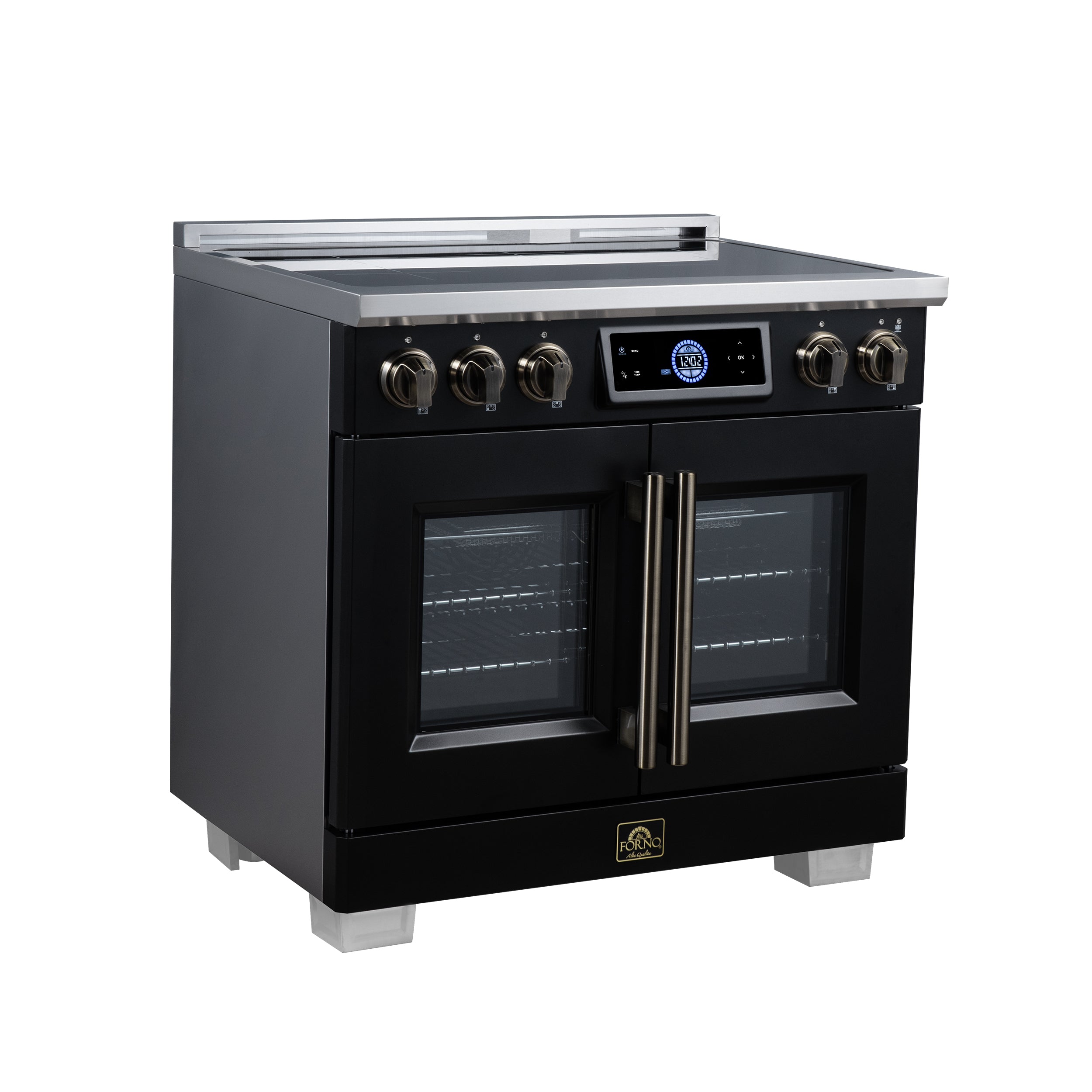 Maximus 36-Inch Induction range, French Door, 5 Cooking Zones, 5.36 cf. Convection Oven, Air Sous Vide, Air Fry Basket, Black