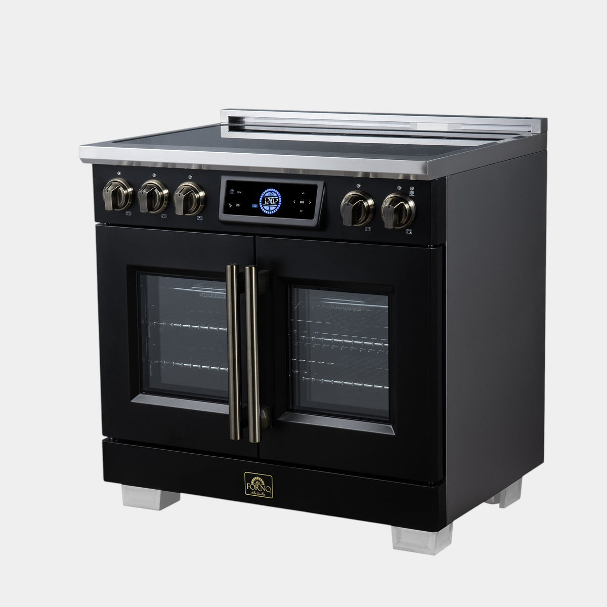 Forno Maximus 36 in. 5.36 cu. ft. Black French Door Induction Range with Air Fry, True Convection, Air Sous Vide and Antique Brass Accents | FFSIN0932-36BLK