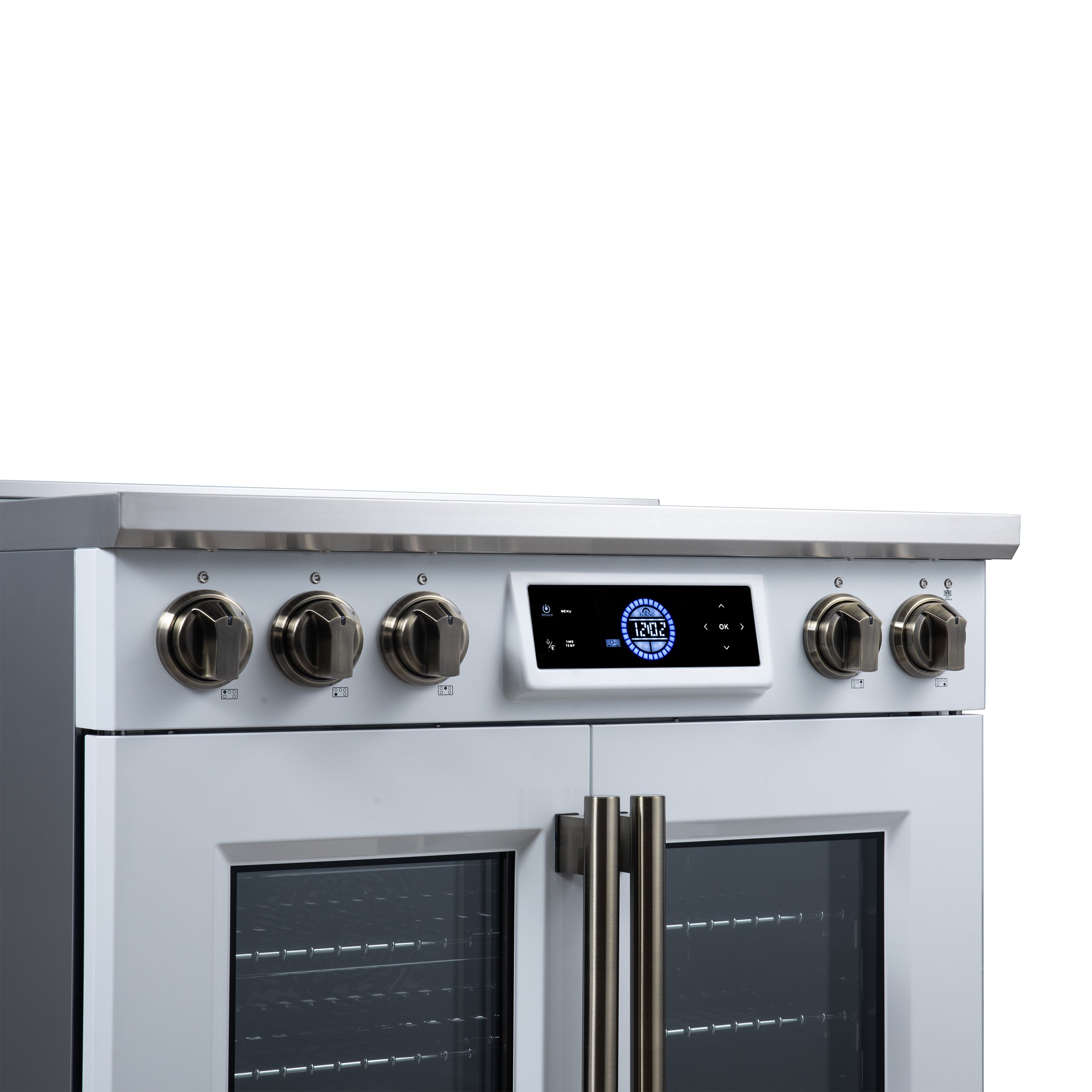 Maximus 36-Inch Induction range, French Door, 5 Cooking Zones, 5.36 cf. Convection Oven, Air Sous Vide, Air Fry Basket, White