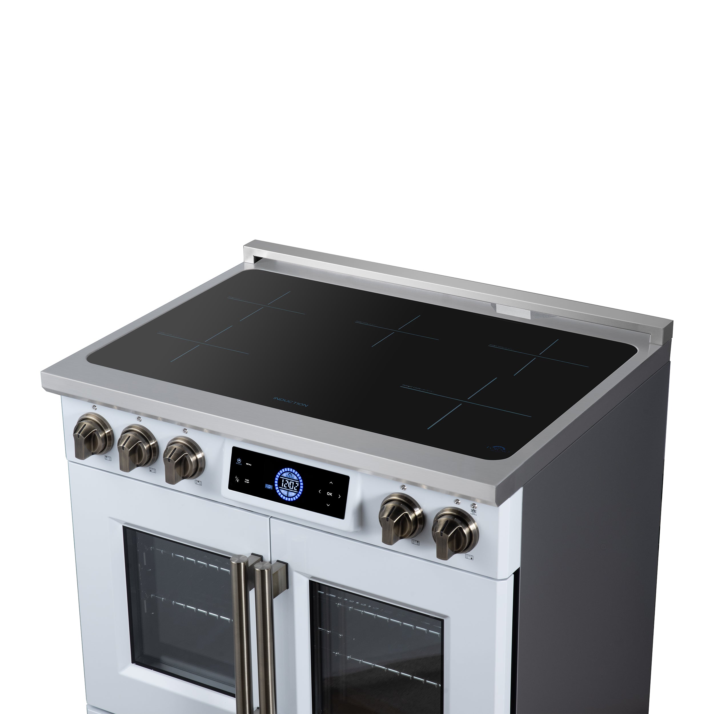 Maximus 36-Inch Induction range, French Door, 5 Cooking Zones, 5.36 cf. Convection Oven, Air Sous Vide, Air Fry Basket, White