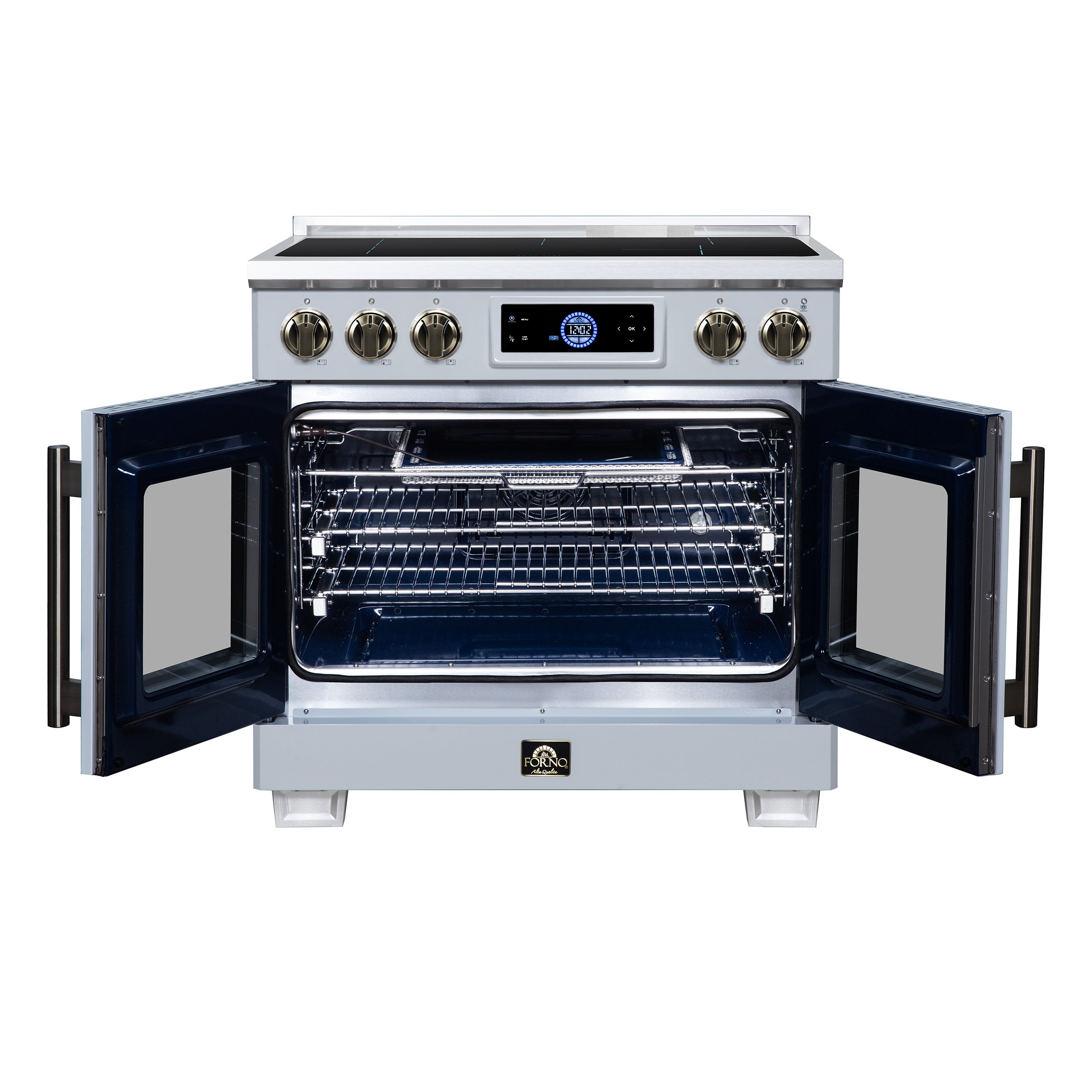 Maximus 36-Inch Induction range, French Door, 5 Cooking Zones, 5.36 cf. Convection Oven, Air Sous Vide, Air Fry Basket, White