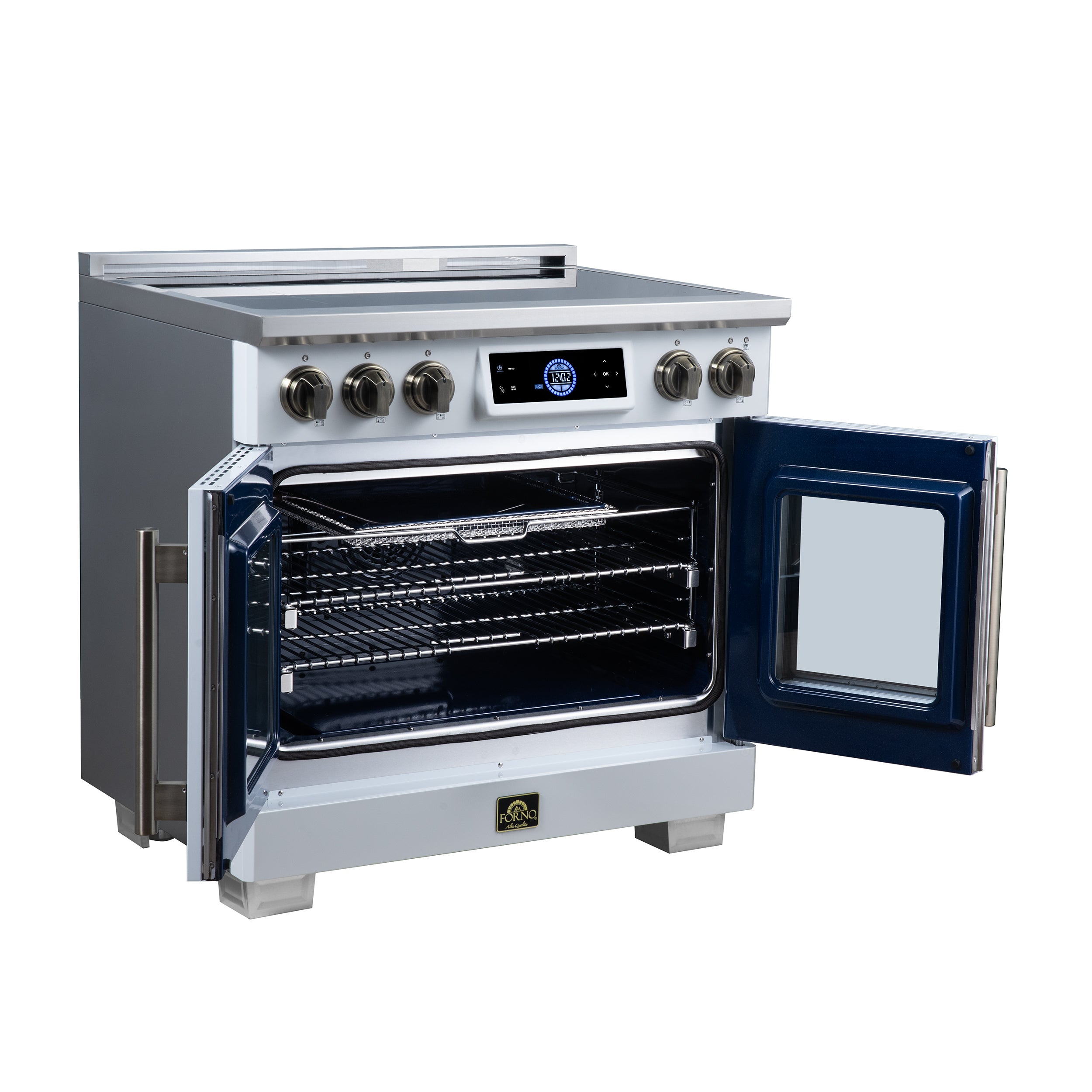 Maximus 36-Inch Induction range, French Door, 5 Cooking Zones, 5.36 cf. Convection Oven, Air Sous Vide, Air Fry Basket, White