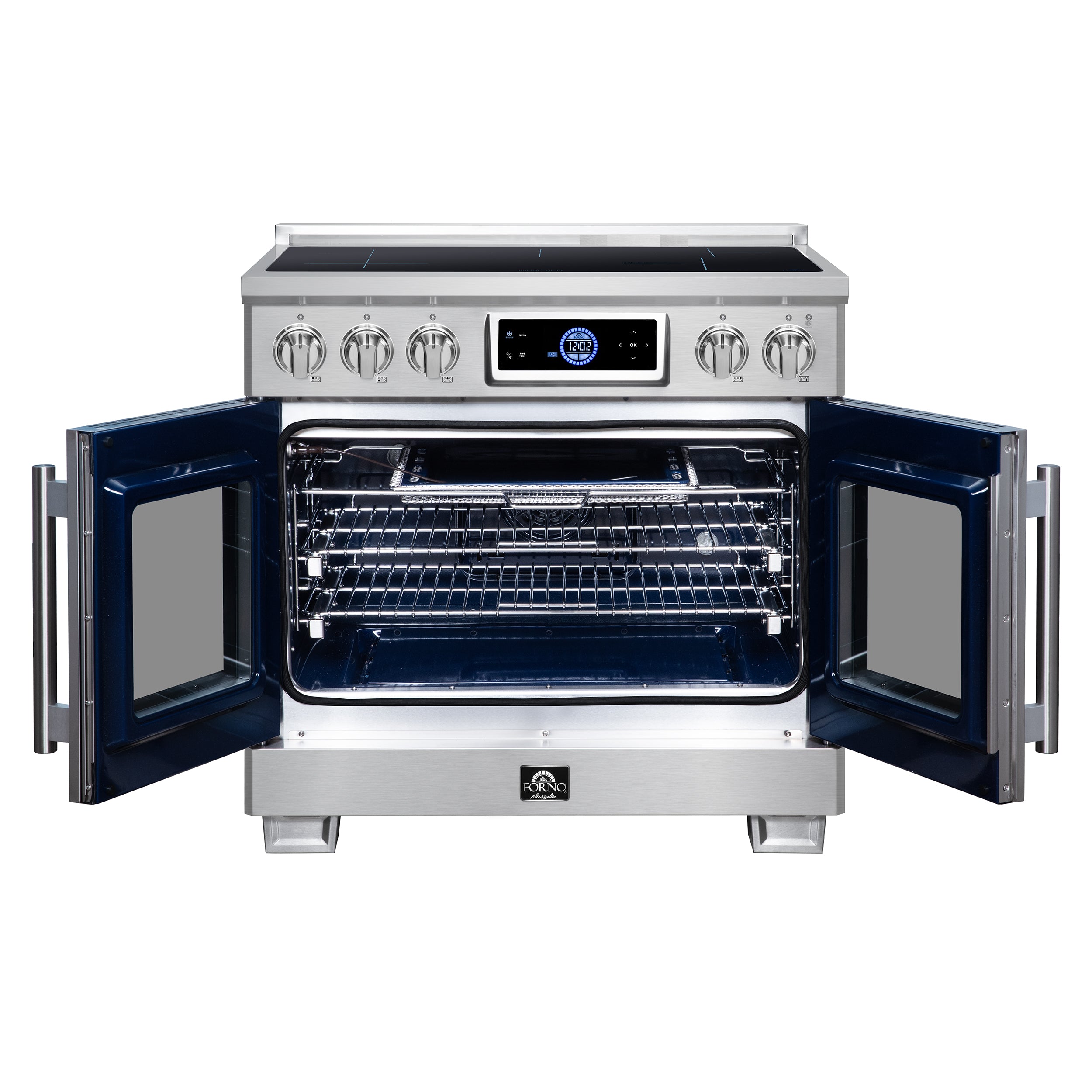 Maximus 36-Inch Induction range, French Door, 5 Cooking Zones, 5.36 cf. Convection Oven, Air Sous Vide, Air Fry Basket, Stainless Steel