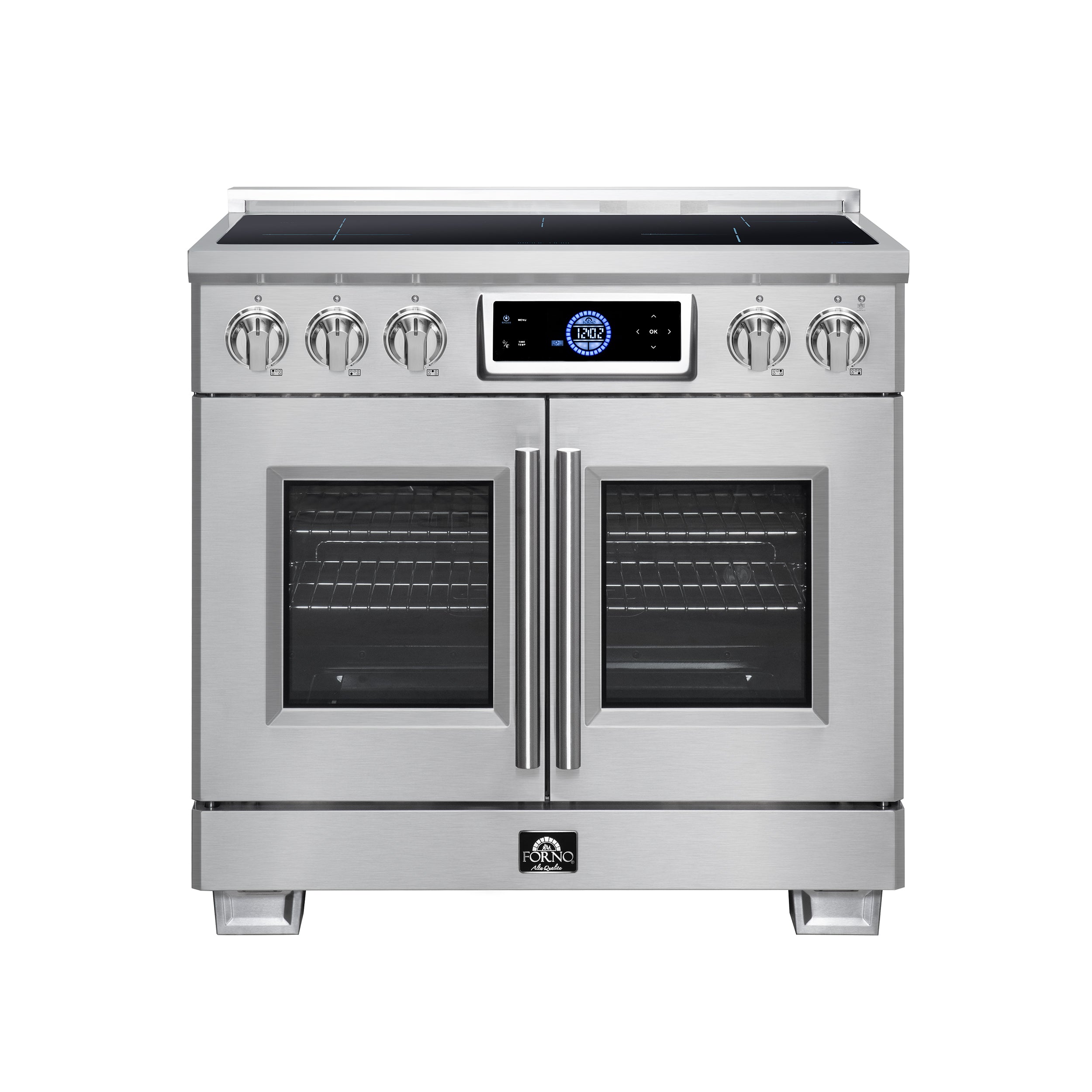 Maximus 36-Inch Induction range, French Door, 5 Cooking Zones, 5.36 cf. Convection Oven, Air Sous Vide, Air Fry Basket, Stainless Steel