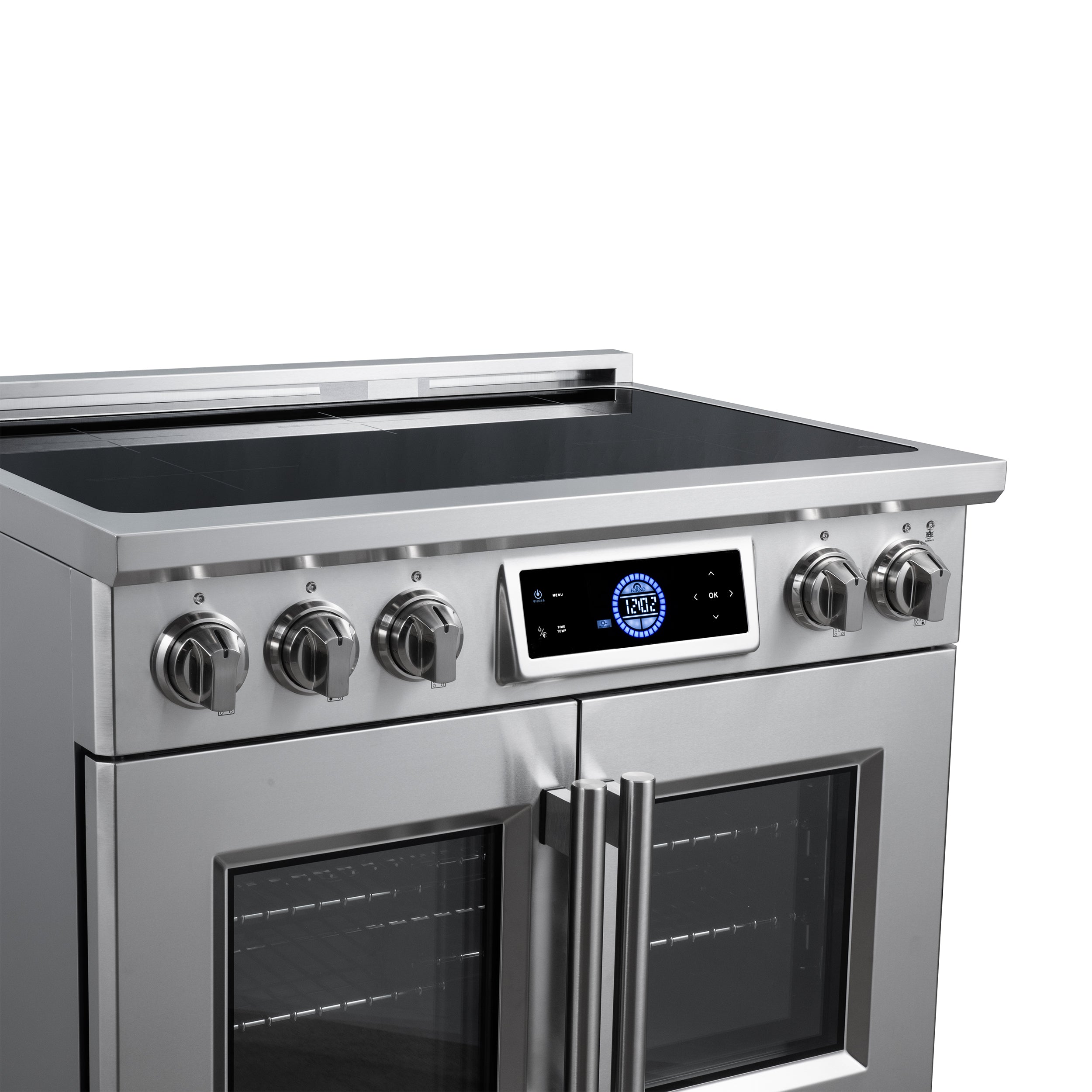 Maximus 36-Inch Induction range, French Door, 5 Cooking Zones, 5.36 cf. Convection Oven, Air Sous Vide, Air Fry Basket, Stainless Steel