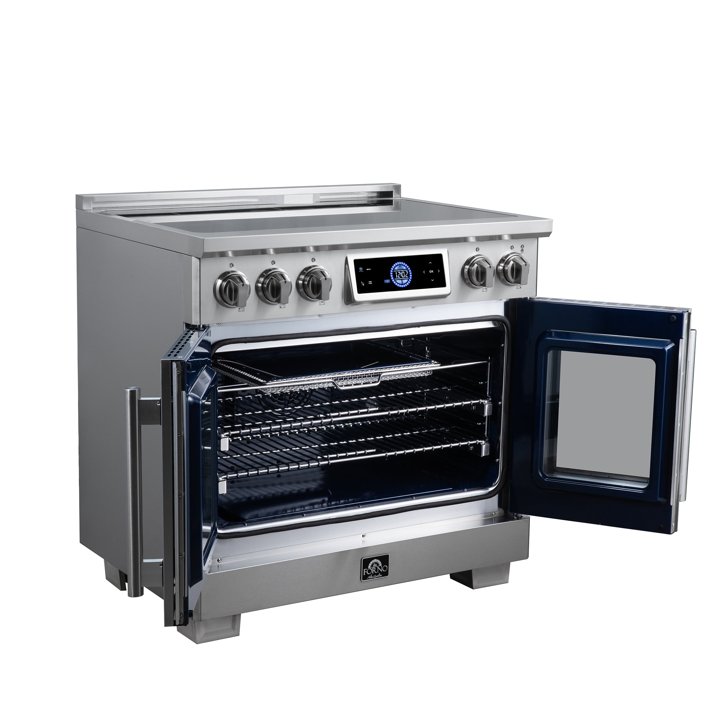 Maximus 36-Inch Induction range, French Door, 5 Cooking Zones, 5.36 cf. Convection Oven, Air Sous Vide, Air Fry Basket, Stainless Steel