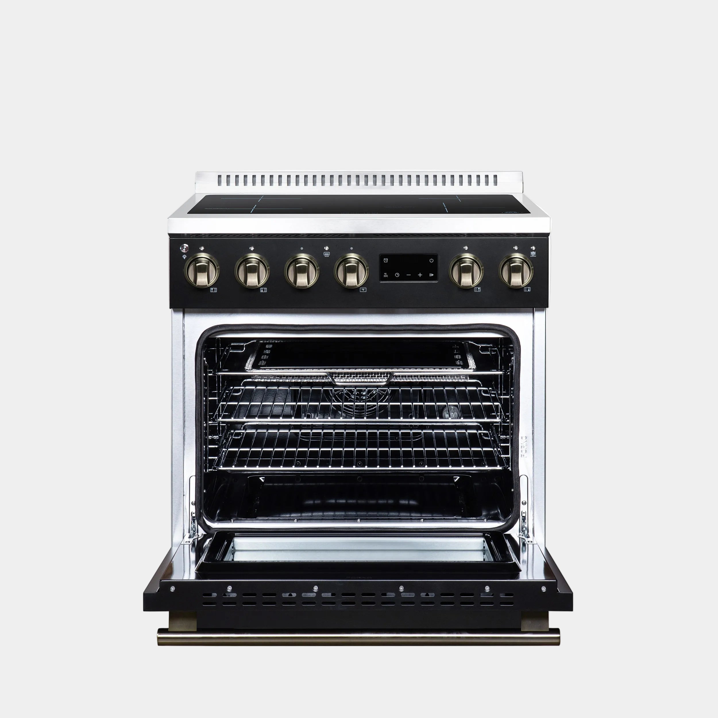 Forno Torino 30 in. 4.32 cu. ft. Black French Door Induction Range with Air Fry, Air Sous Vide and Antique Brass Accents | FFSIN0936-30BLK