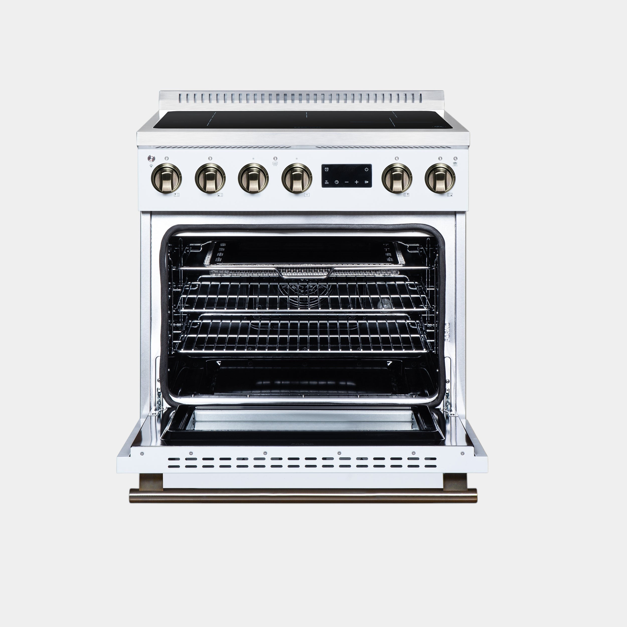 Forno Torino 30 in. 4.32 cu. ft. White French Door Induction Range with Air Fry, Air Sous Vide and Antique Brass Accents | FFSIN0936-30WHT