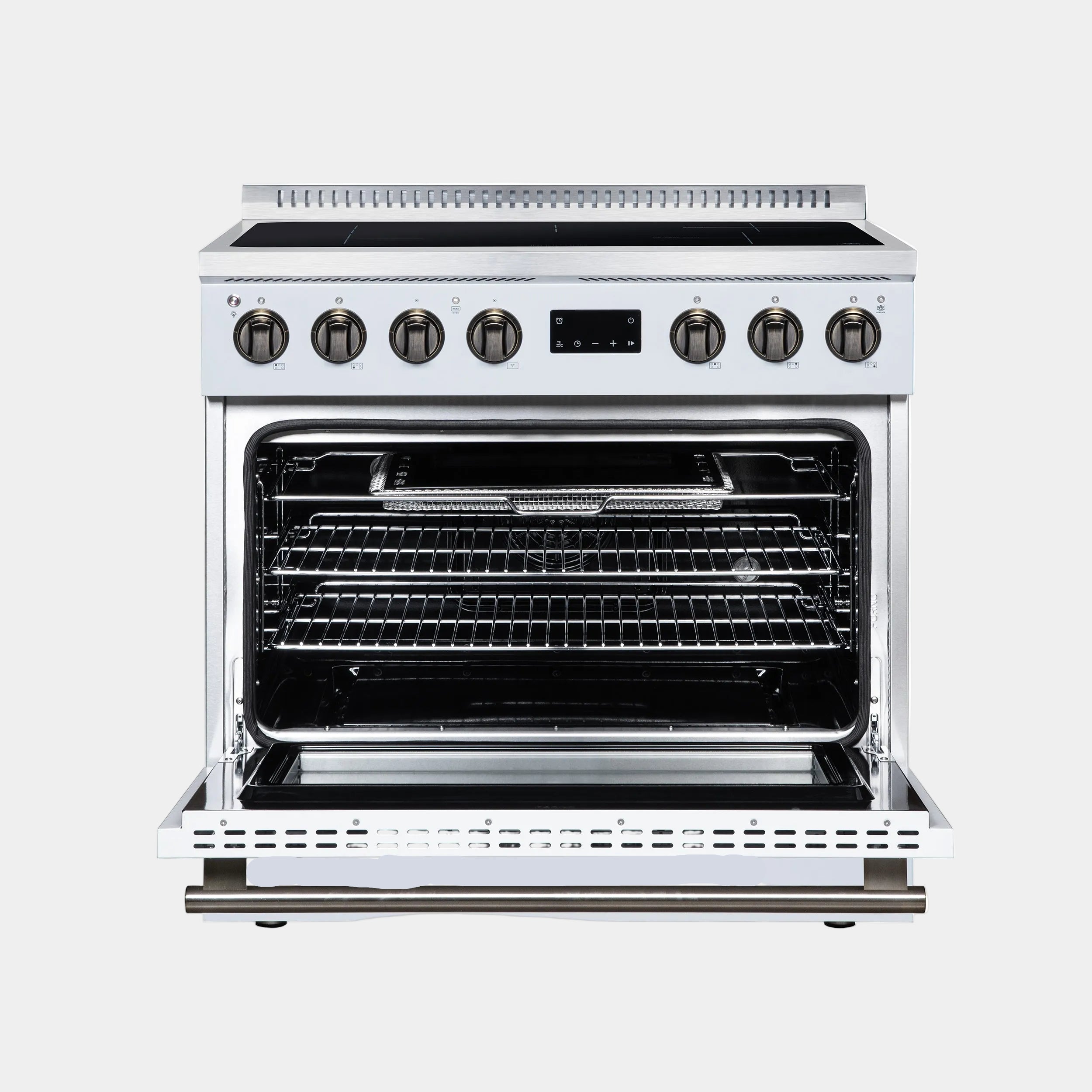 Forno Torino 36 in. 5.36 cu. ft. White French Door Induction Range with Air Fry, Air Sous Vide and Antique Brass Accents | FFSIN0936-36WHT