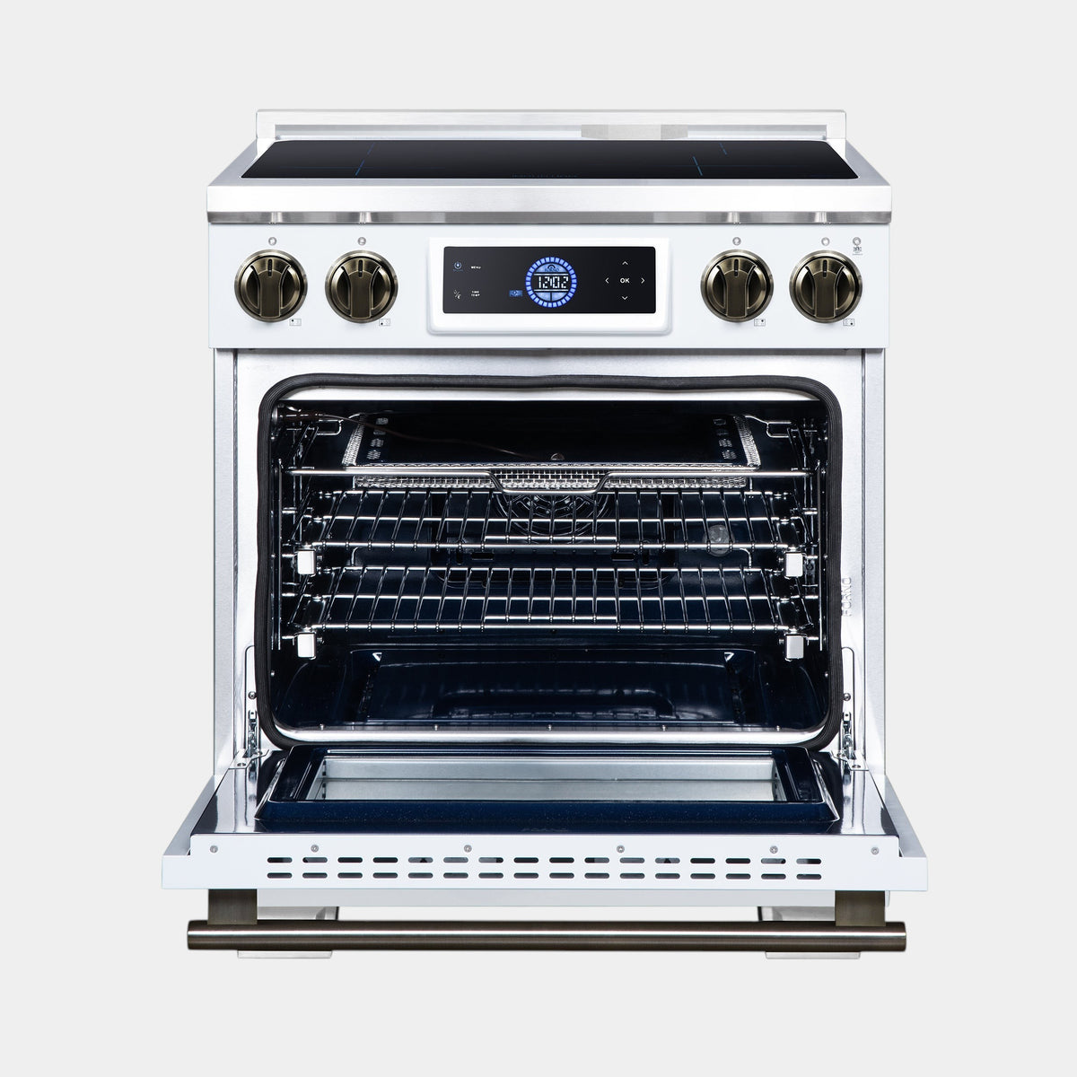 Forno Maximus 30 in. 4.32 cu. ft. White Induction Range with Air Fry, True Convection, Air Sous Vide and Antique Brass Accents | FFSIN0968-30WHT