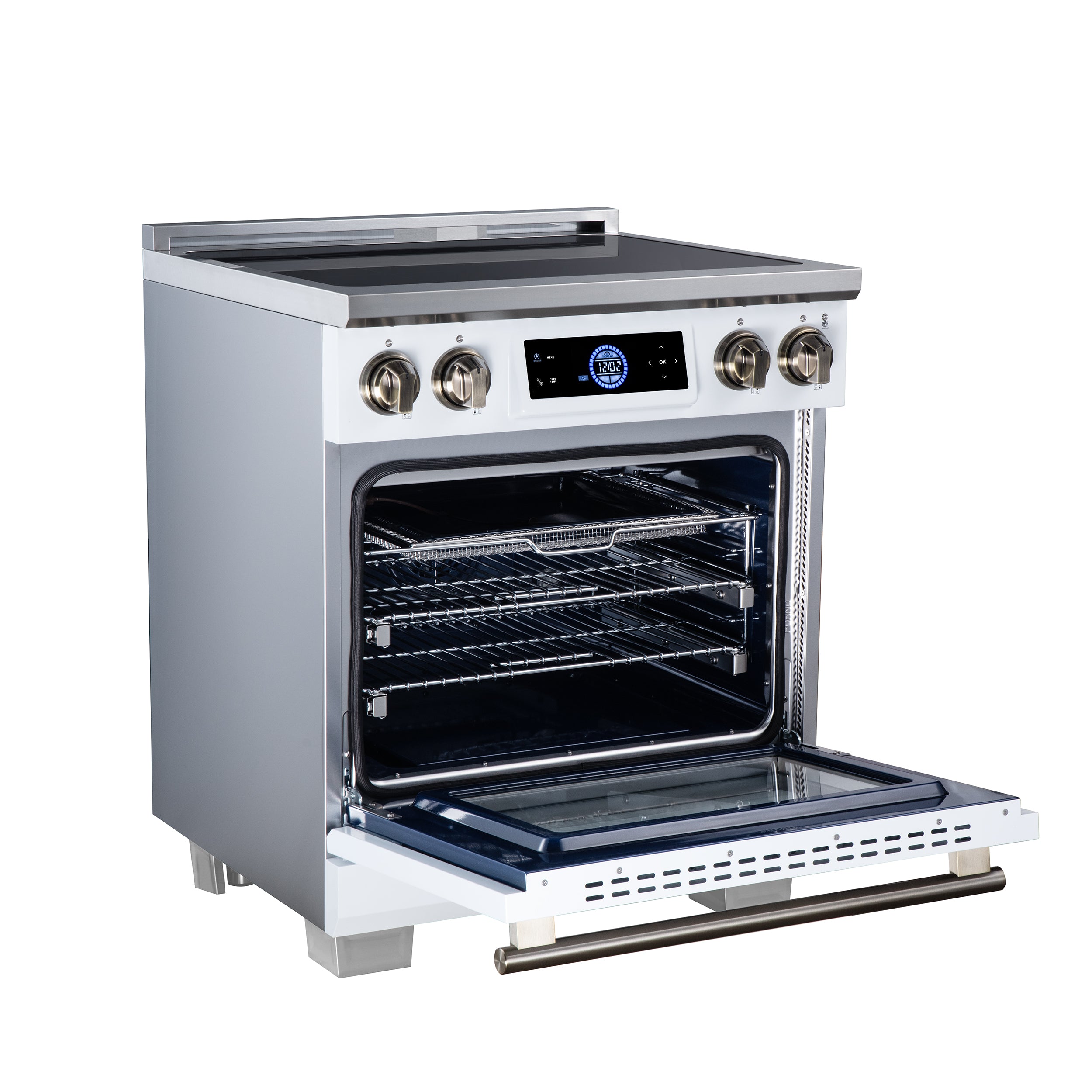 Maximus 30 Inch Induction Range, 8,800 Total Cooktop, 4.32 cf. True Convection Oven, Air Fryer, Air Sous Vide, White