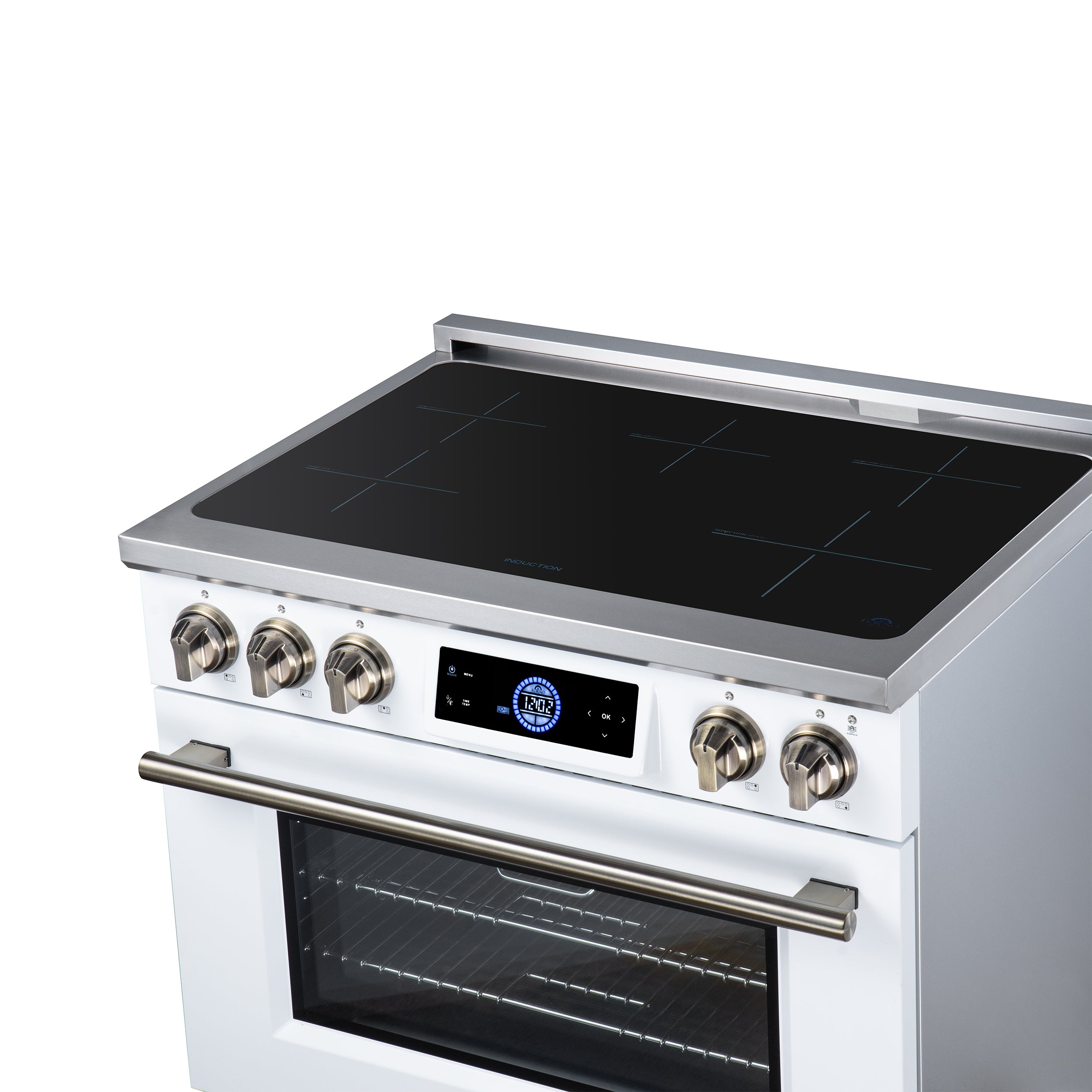 Maximus 36 Inch Induction Range, 10,900 Total Cooktop, 5.36 cf. True Convection Oven, Air Fryer, Air Sous Vide, White