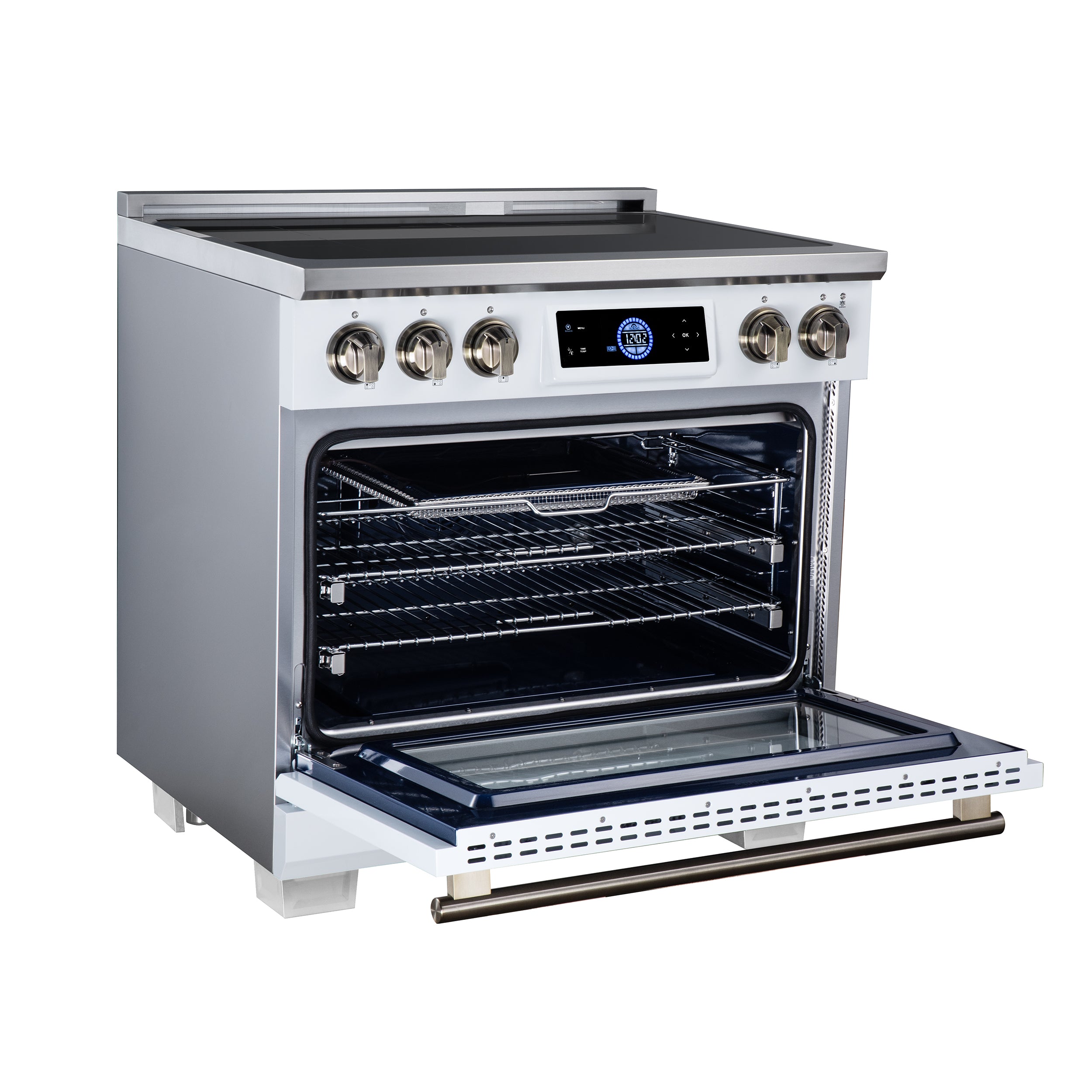 Maximus 36 Inch Induction Range, 10,900 Total Cooktop, 5.36 cf. True Convection Oven, Air Fryer, Air Sous Vide, White