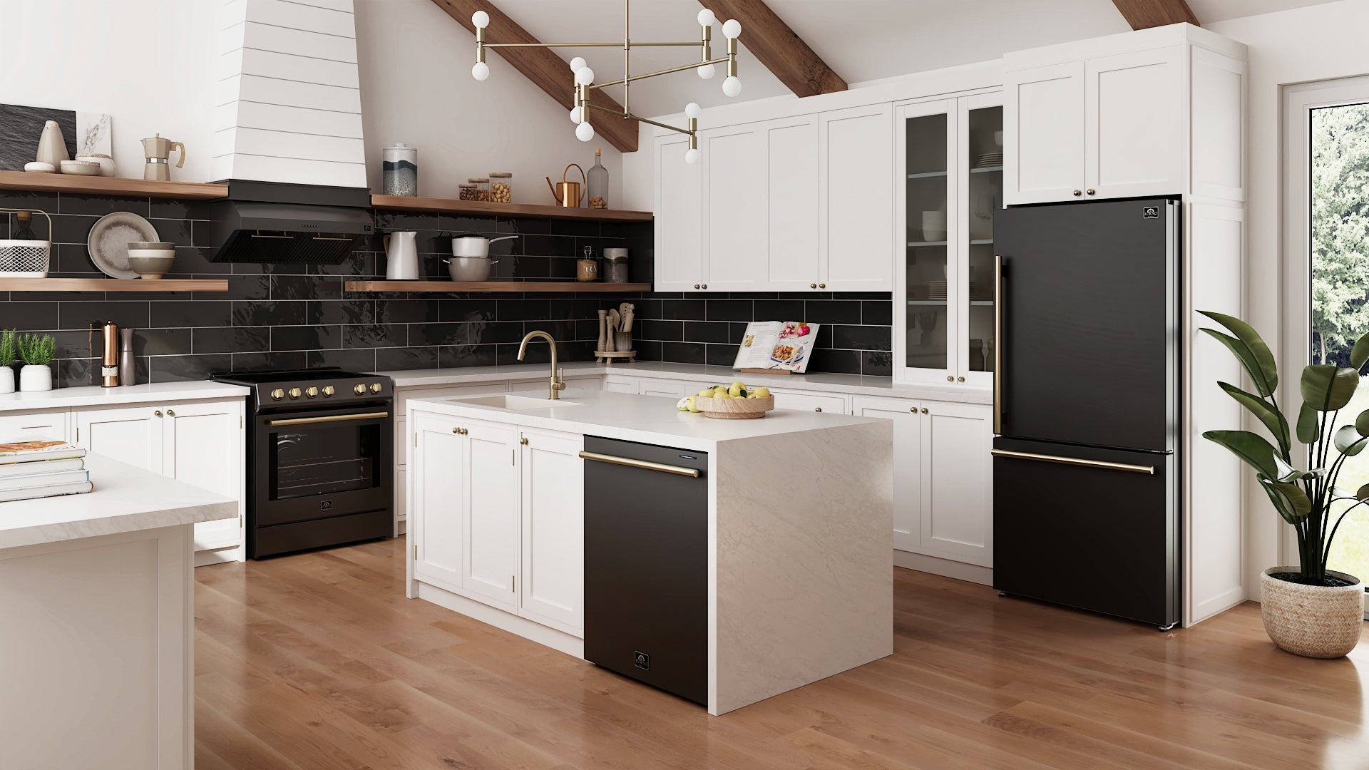 Forno Espresso Bari 30 in. 400 CFM Black Under-Counter Range Hood with Antique Brass Accents | FRHUC5255-30BLK