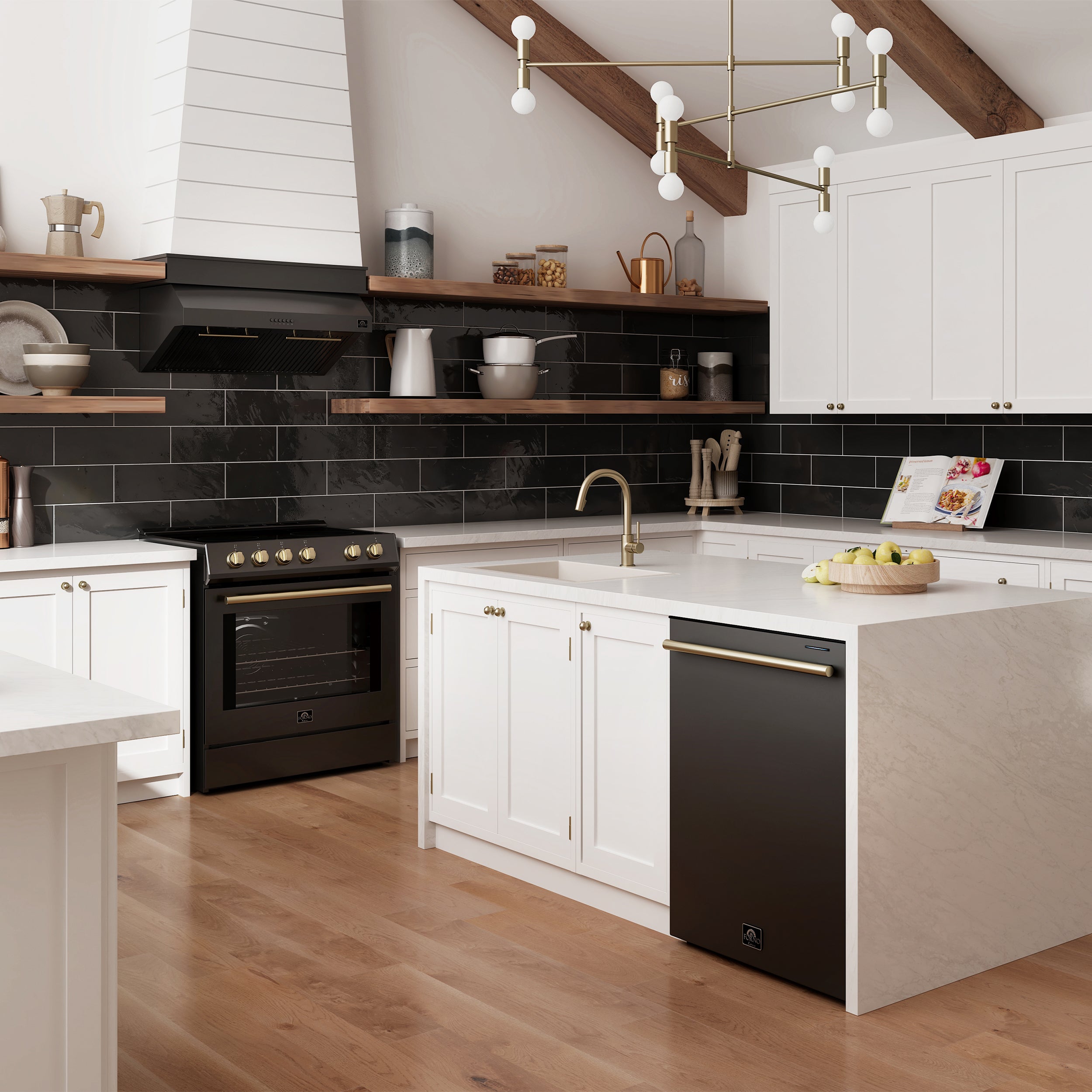 Forno Espresso Leonardo 30 in. 5 cu. ft. 4-Burner Black Electric Range with Antique Brass Accents | FFSEL6012-30BLK