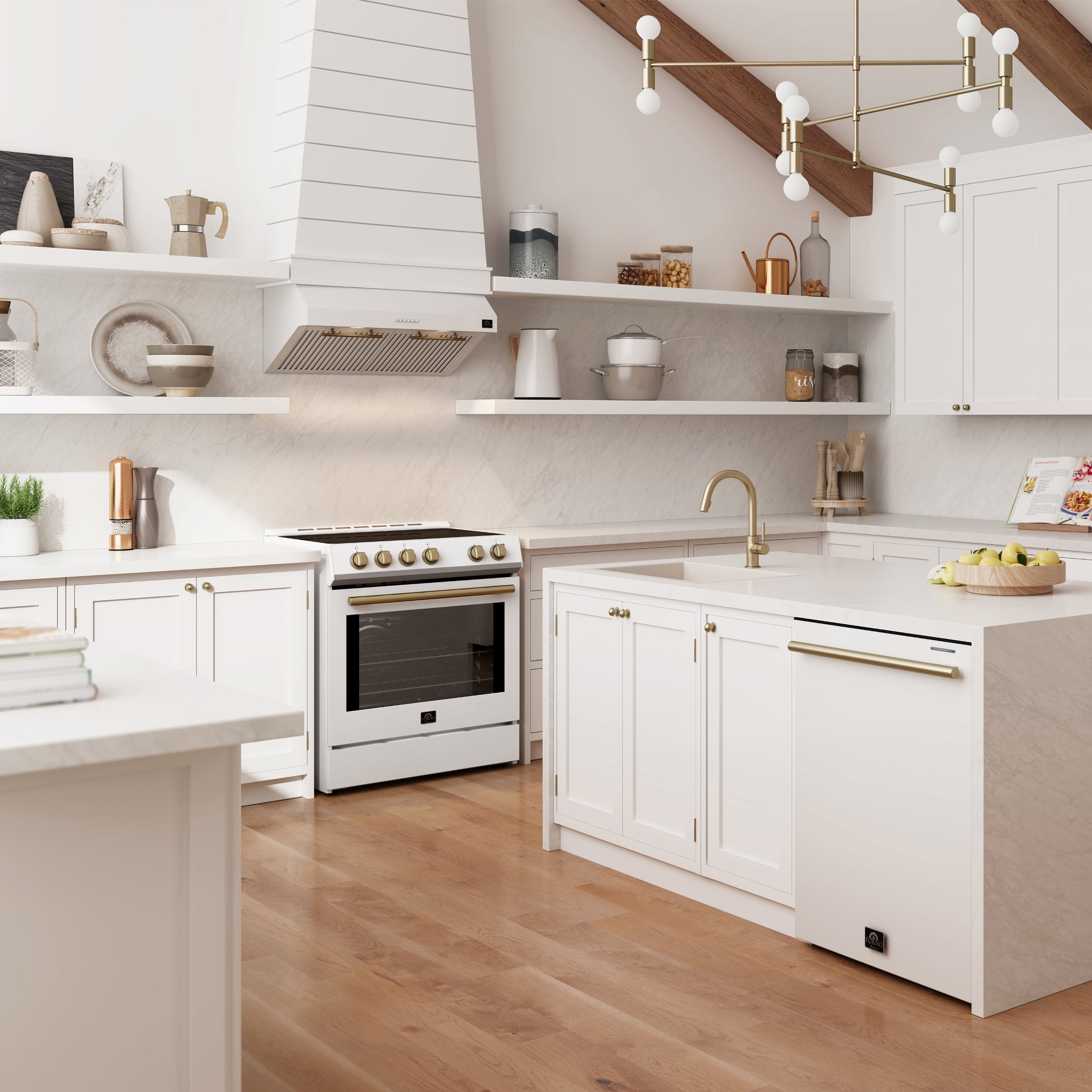 Forno Espresso Bari 30 in. 400 CFM White Under-Counter Range Hood with Antique Brass Accents | FRHUC5255-30WHT