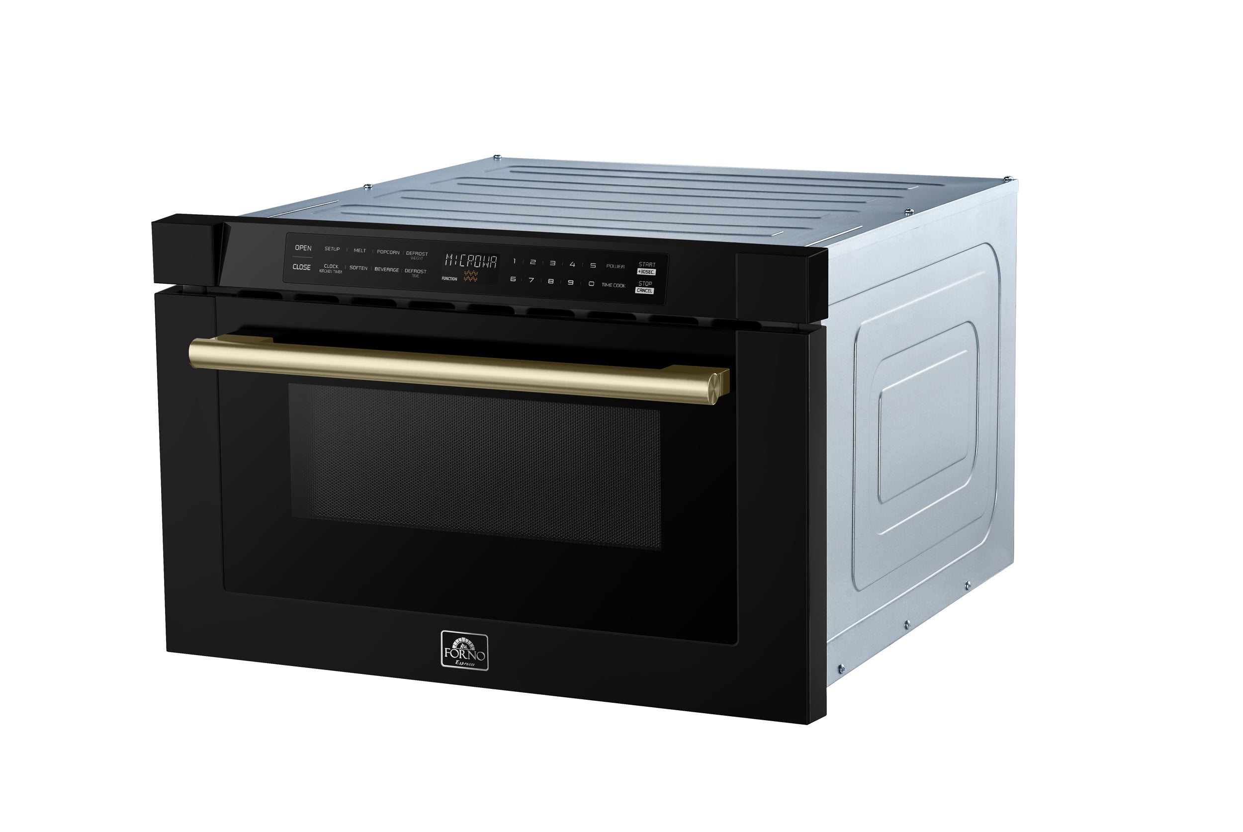 Forno Espresso Capoliveri 24 in. 1.2 cu.ft Black Built-In Microwave Drawer with Antique Brass Handles | FMWDR3000-24BLK