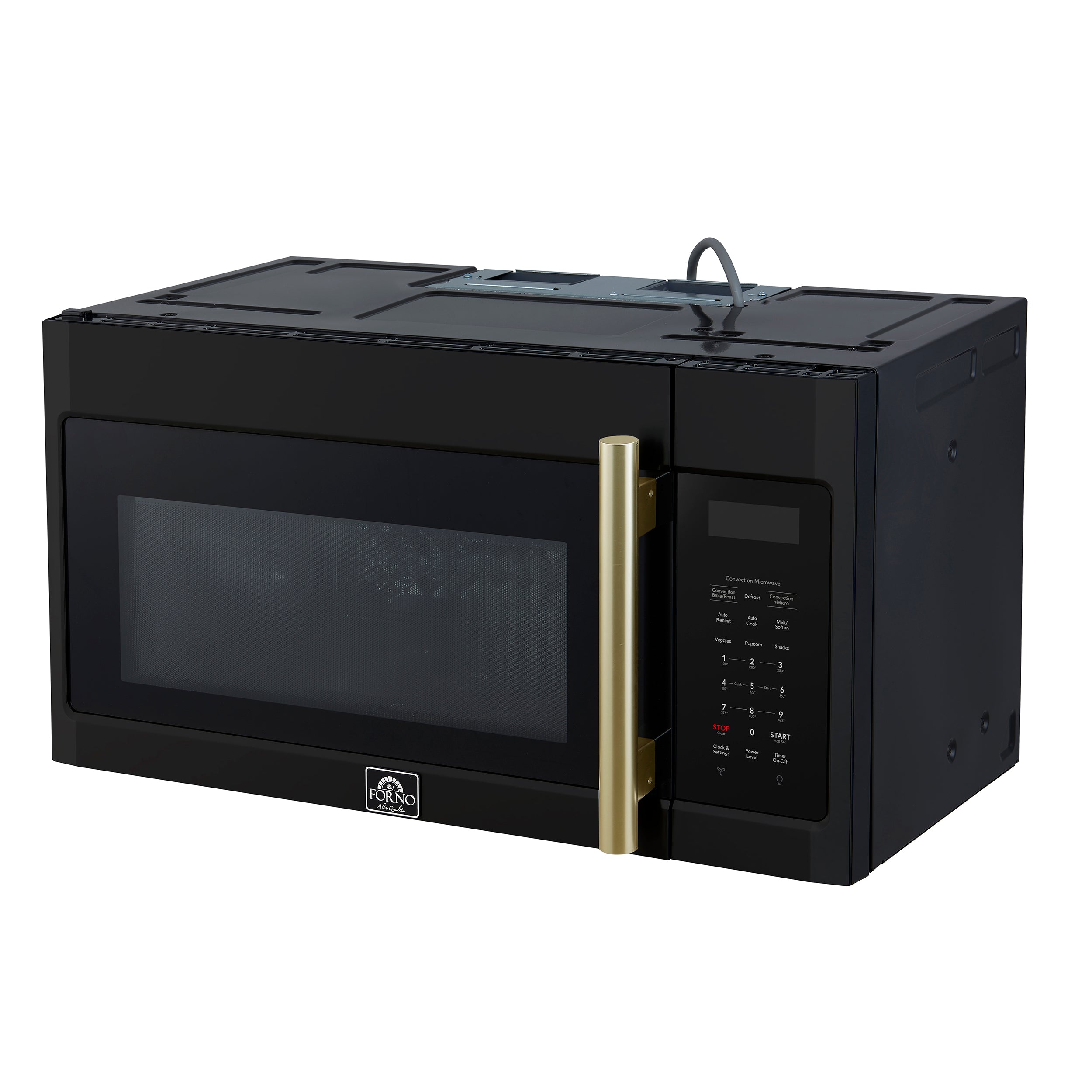 Forno Espresso Fornace 30 in. 1.5 cu.ft 300 CFM Black Over The Range Microwave with Antique Brass Accents | FOTR3038-30BLK