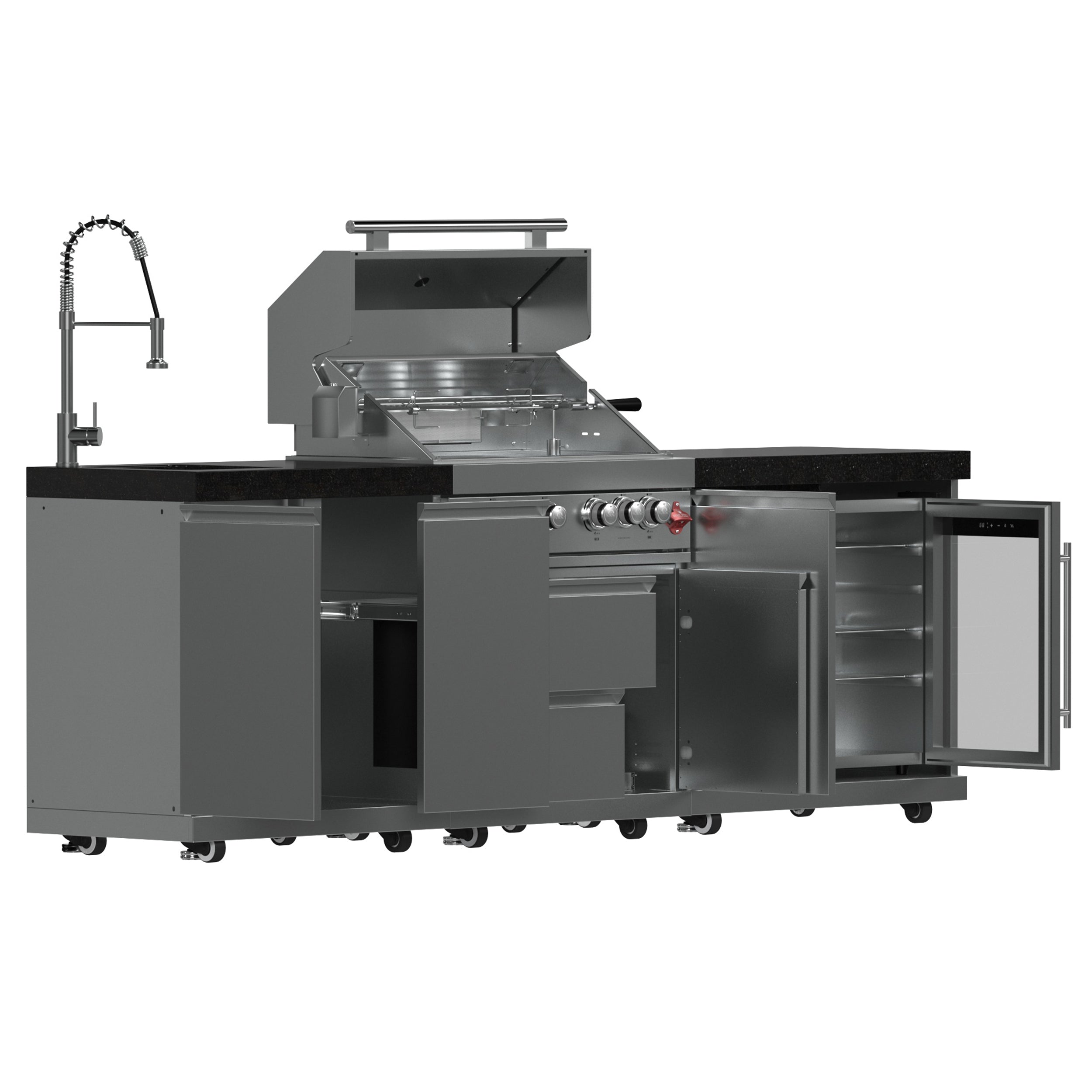 FORNO Bulnes 30-Inch BBQ, 60,000 BTU, 3 Burners with Sear & Rotisserie Infrared Burners, Stainless Steel Outdoor Kitchen with 1.8 cu.ft. Beverage Center & Black Granite Countertops