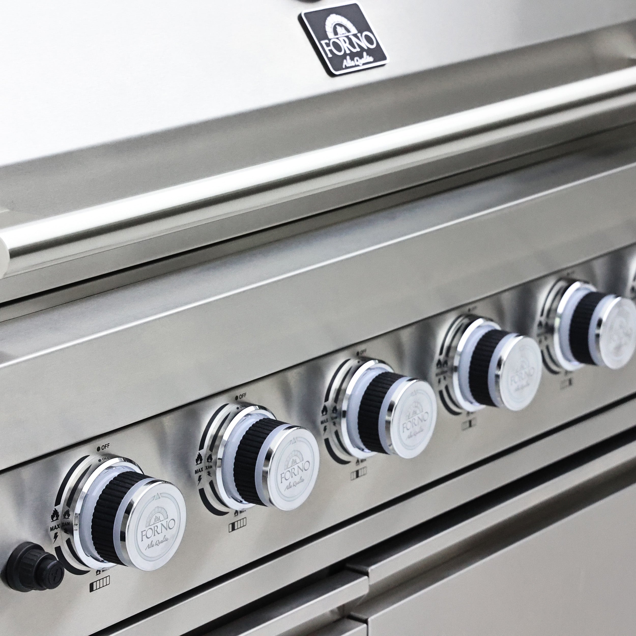 FORNO Bulnes 40-Inch BBQ, 95,000 BTU, 5 Burners, Sear & Rotisserie Infrared with Side Burner, Stainless Steel Outdoor Kitchen with 1.8 cu.ft. Beverage Center & White Sintered Stone Countertops
