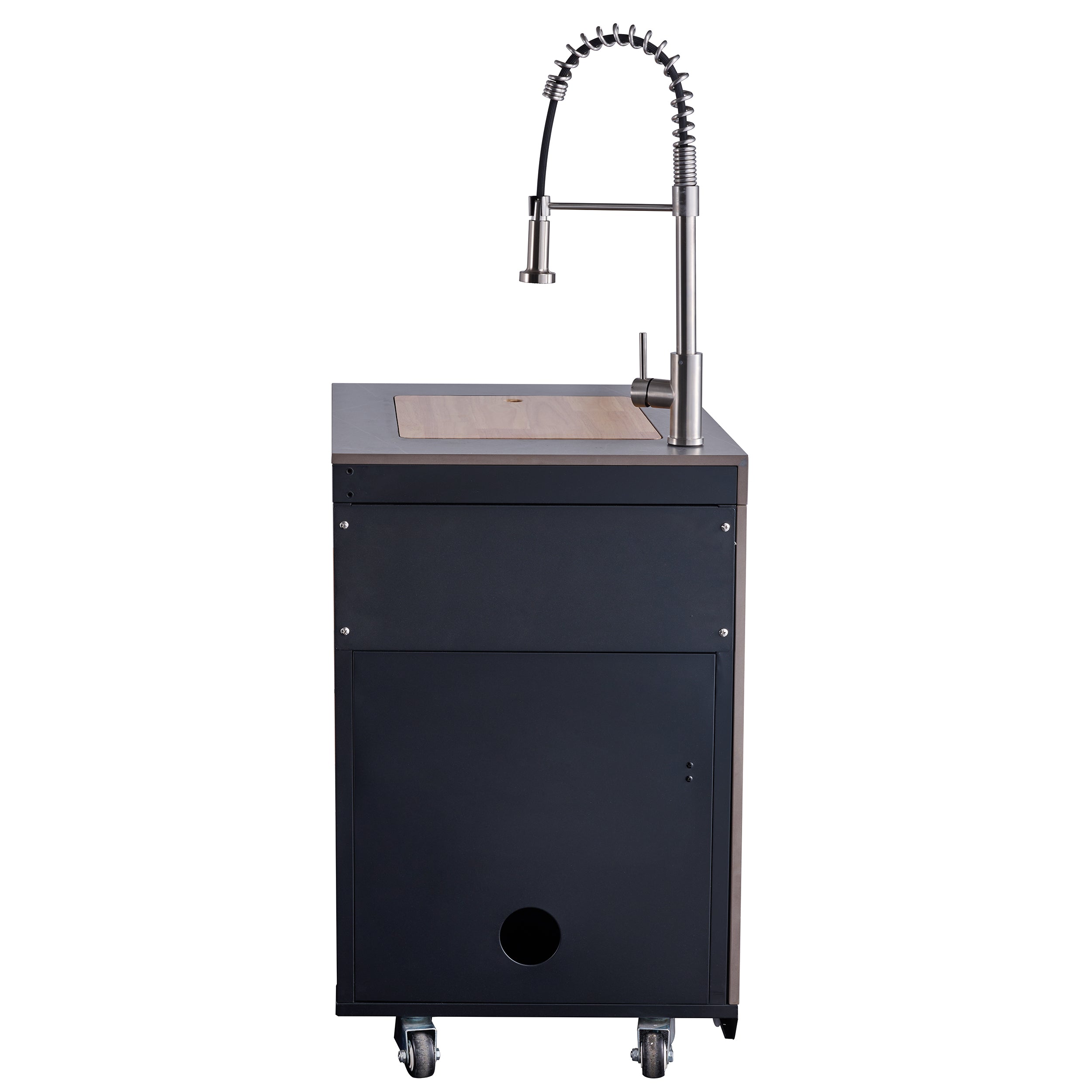 Forno Rimini Outdoor Kitchen 30" BBQ 62,600 BTU, 3 Burners with Sear & Rotisserie, 2.4 cu.ft. Beverage Center, Stainless Steel Sink, Black Cabinets & Gray Sintered Stone Countertop