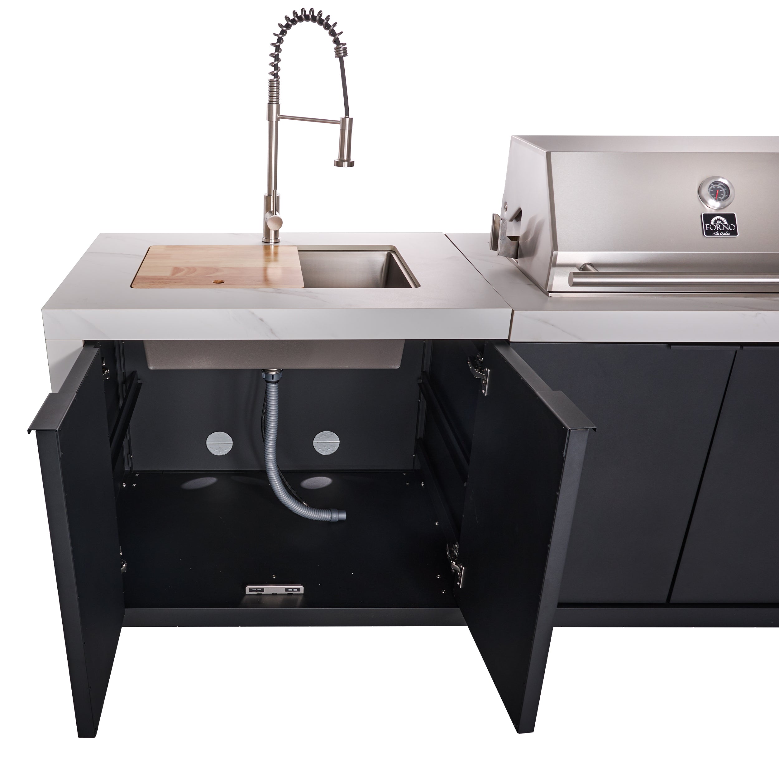 Forno Rimini Outdoor Kitchen: 30" BBQ 62,600 BTU, 4.8 cu.ft. Refrigerators, White Countertops