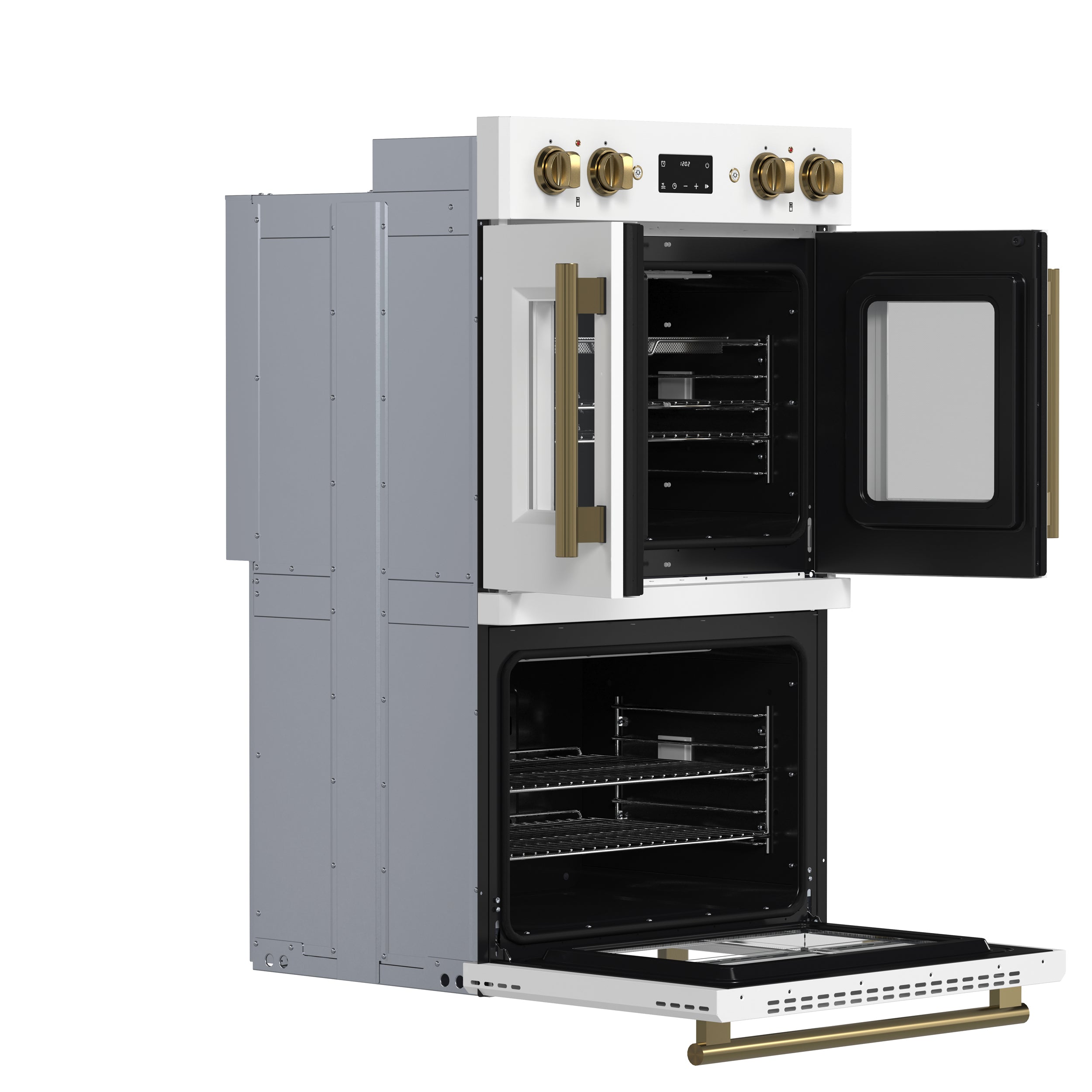 Forno Asti 30 in. 7.36 cu.ft. White Self-Cleaning Double Electric Wall Oven with Air Fry, Sous Vide and Antique Brass Accents | FBOEL1340-30WHT