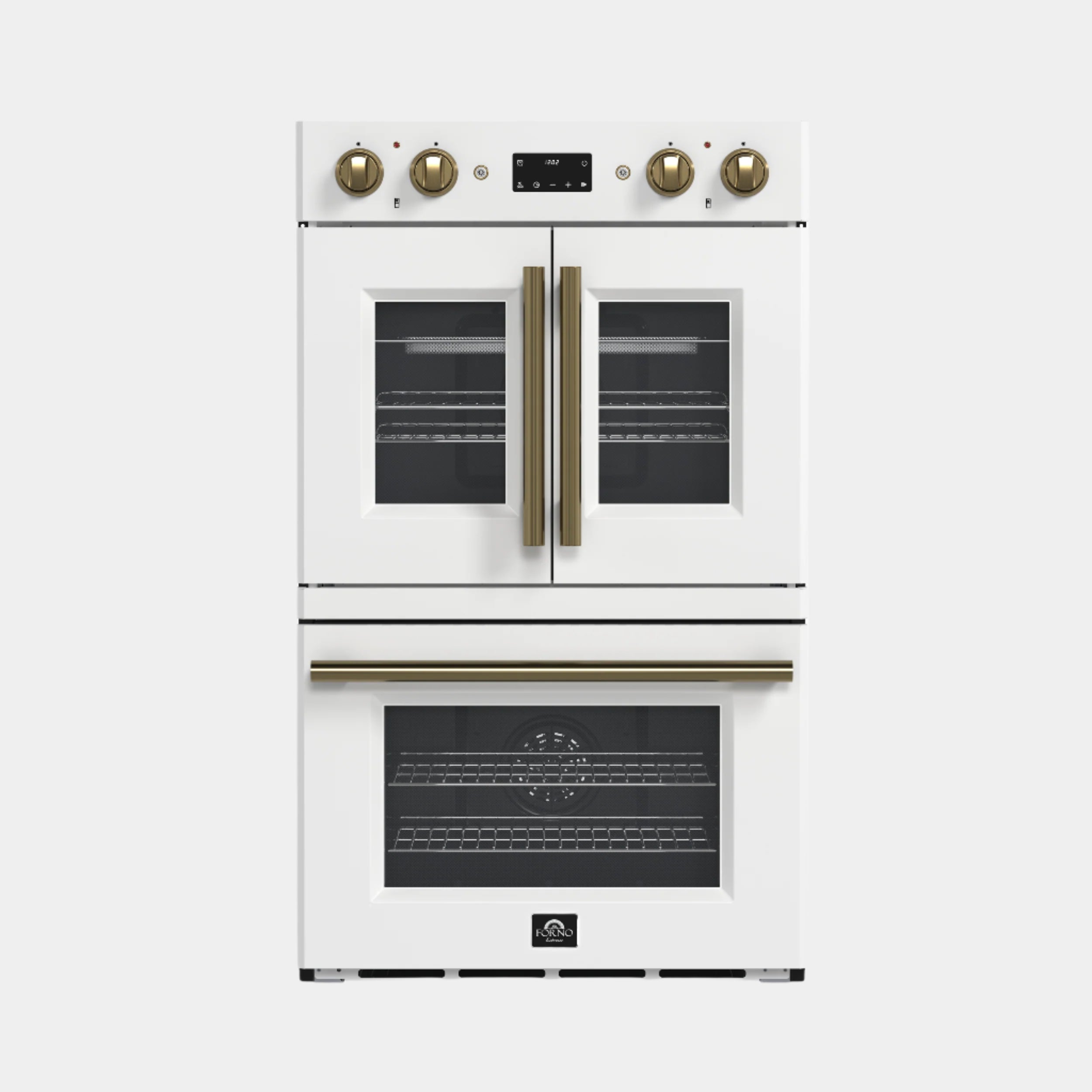 Forno Asti 30-Inch Double Electric Wall Oven with Upper French Doors in White & Antique Brass, 7.36 cu. ft. Dual True Convection, 7,200W, Air Fry, Sous Vide, Self-Clean