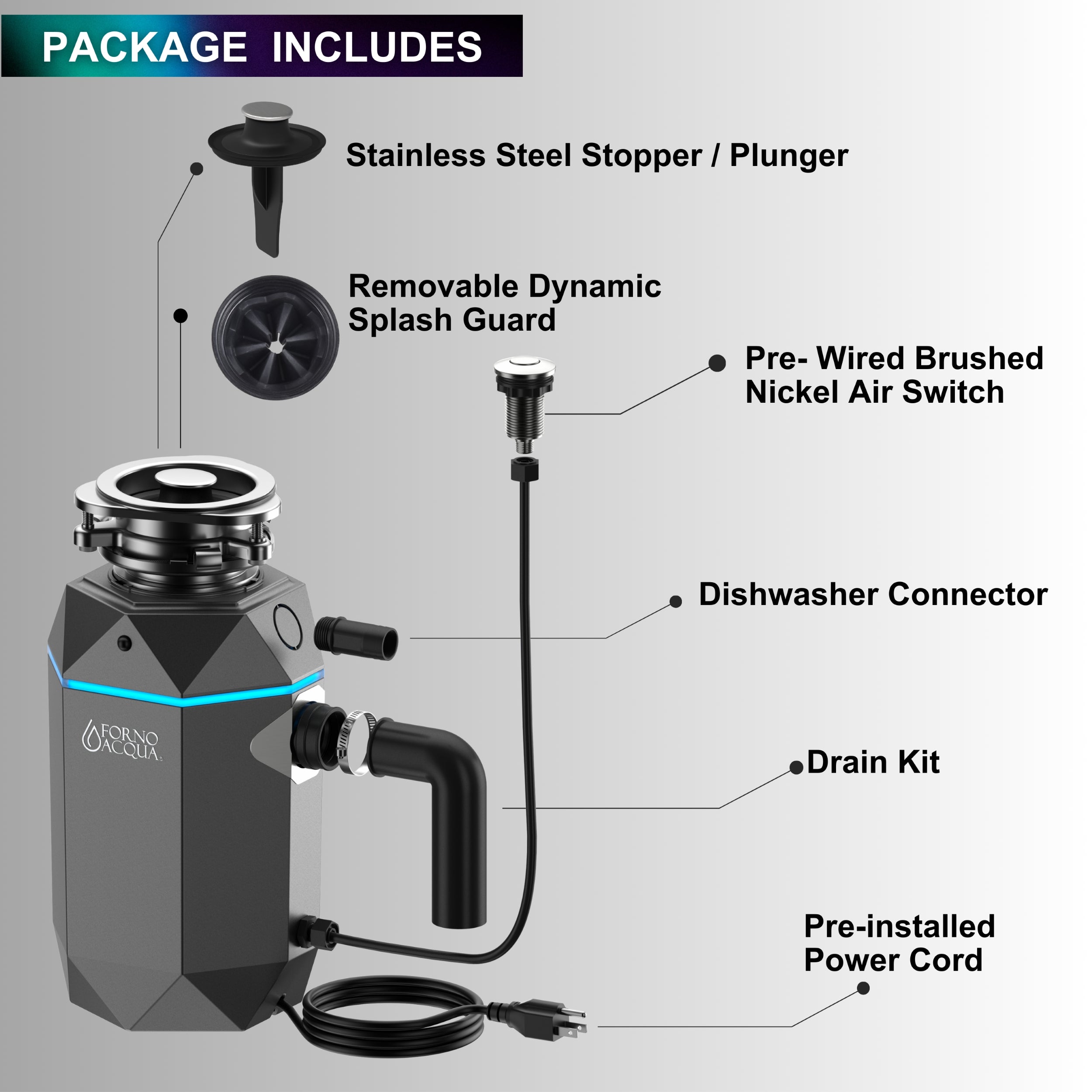FORNO ACQUA BrightDIAMOND Black Onyx 1HP Super Quiet Garbage Disposal Corded with Motion Sensor Cabinet Light & Pre-Wired Air Switch