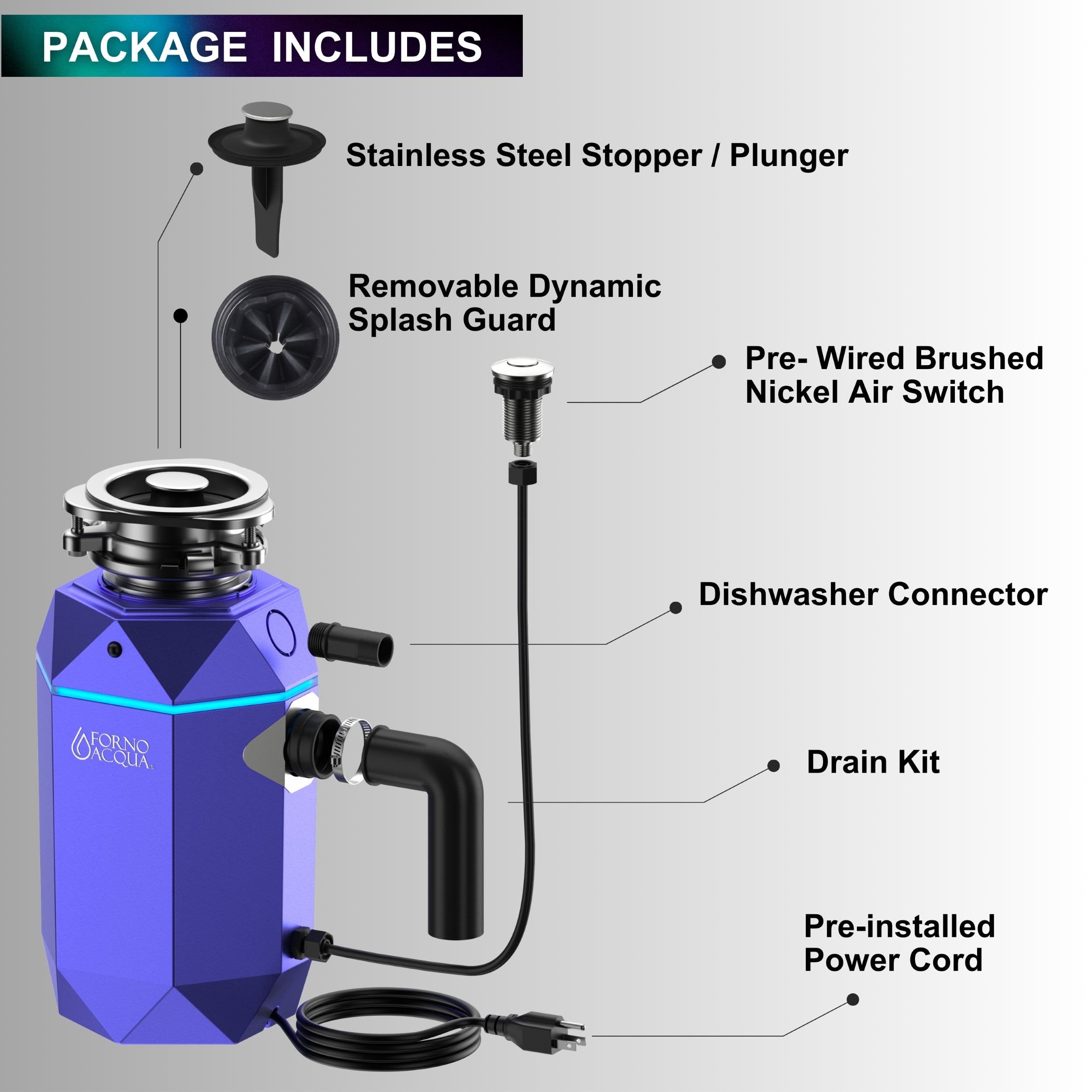 FORNO ACQUA BrightDIAMOND Amethyst 1HP Super Quiet Garbage Disposal Corded with Motion Sensor Cabinet Light & Pre-Wired Air Switch