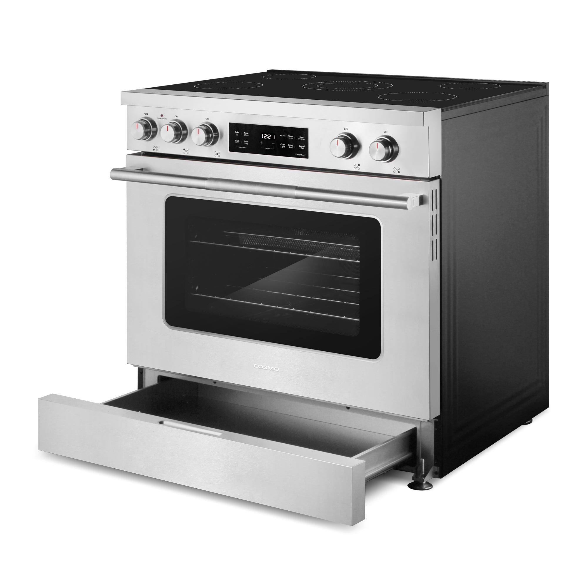 Cosmo Stellar 36 in. 6.1 cu. ft. 5-Burner Stainless Steel Electric Range with Air Fry and Storage Drawer | COS-RES365SS