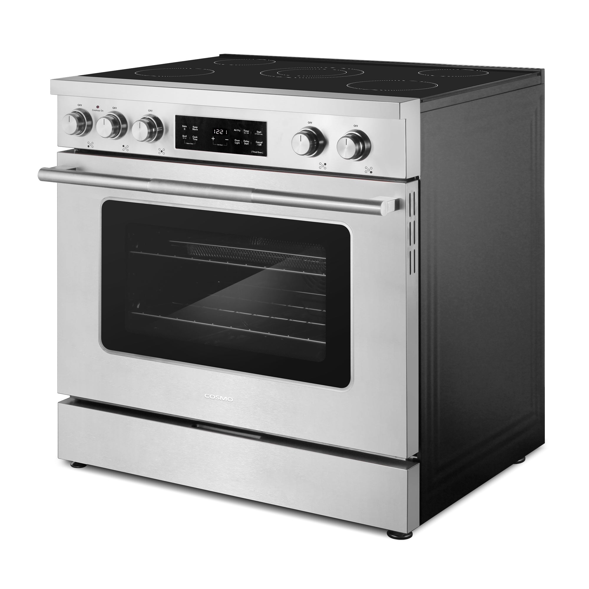Cosmo Stellar 36 in. 6.1 cu. ft. 5-Burner Stainless Steel Electric Range with Air Fry and Storage Drawer | COS-RES365SS
