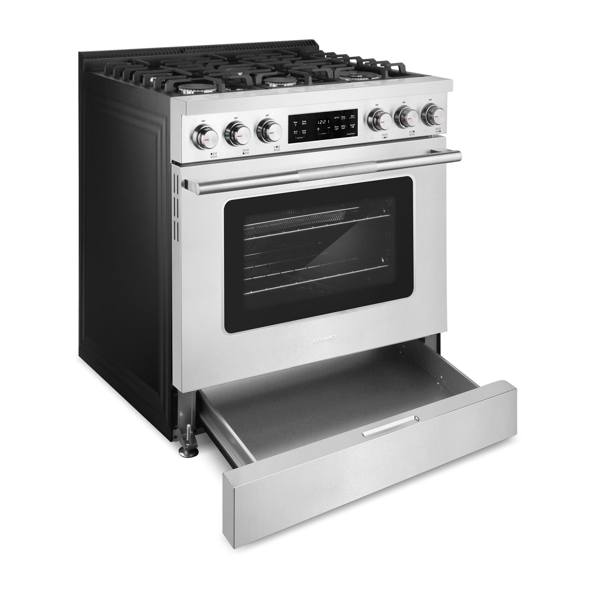 Cosmo Stellar 36 in. 6.1 cu. ft. 6-Burner Stainless Steel Gas Range with Air Fry and Storage Drawer | COS-RGS366SS