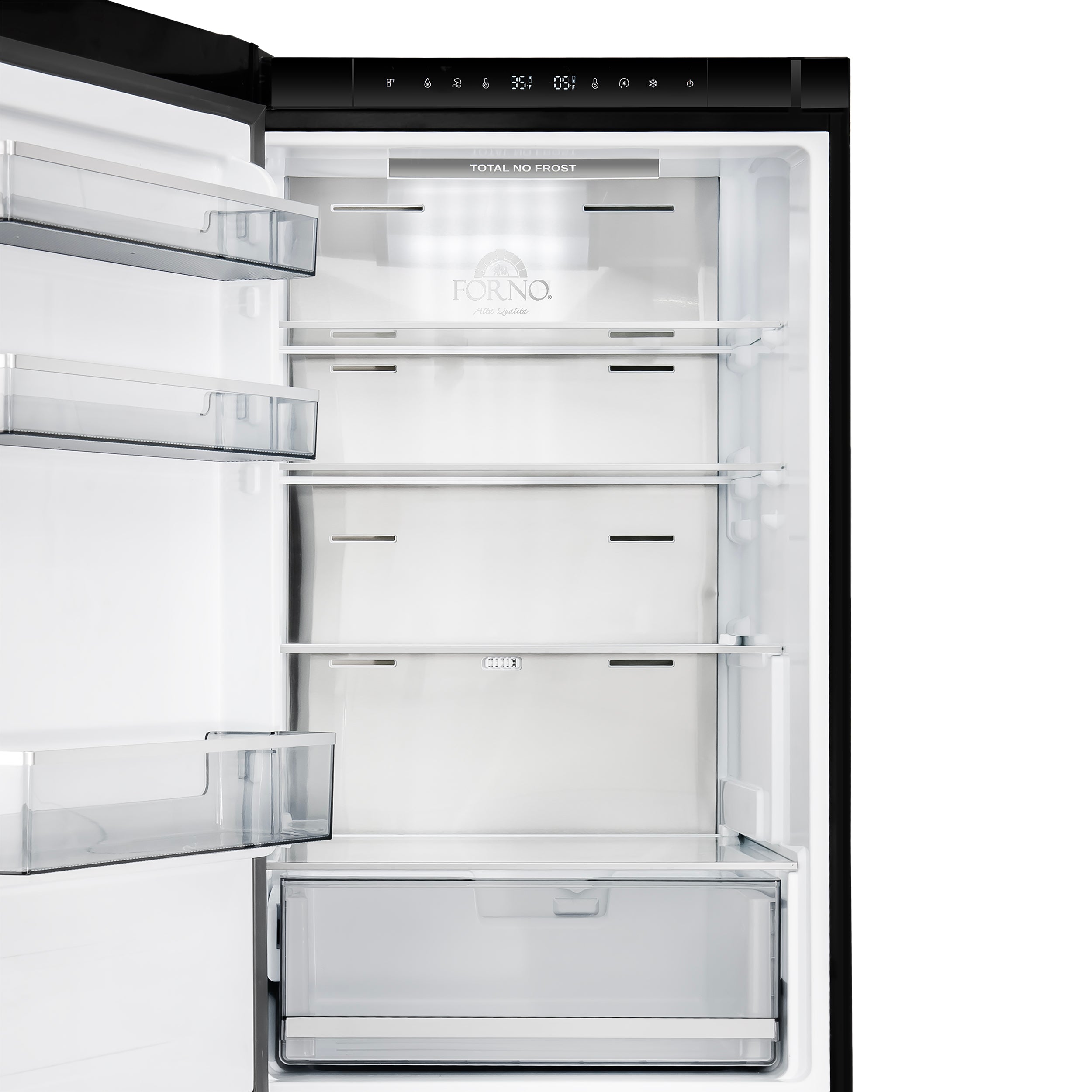 Forno Custodia 24 in. 10.3 cu.ft. Black Left Swing Refrigerator with Bottom Freezer and Antique Brass handles | FFFFD1766-24BLK-LS
