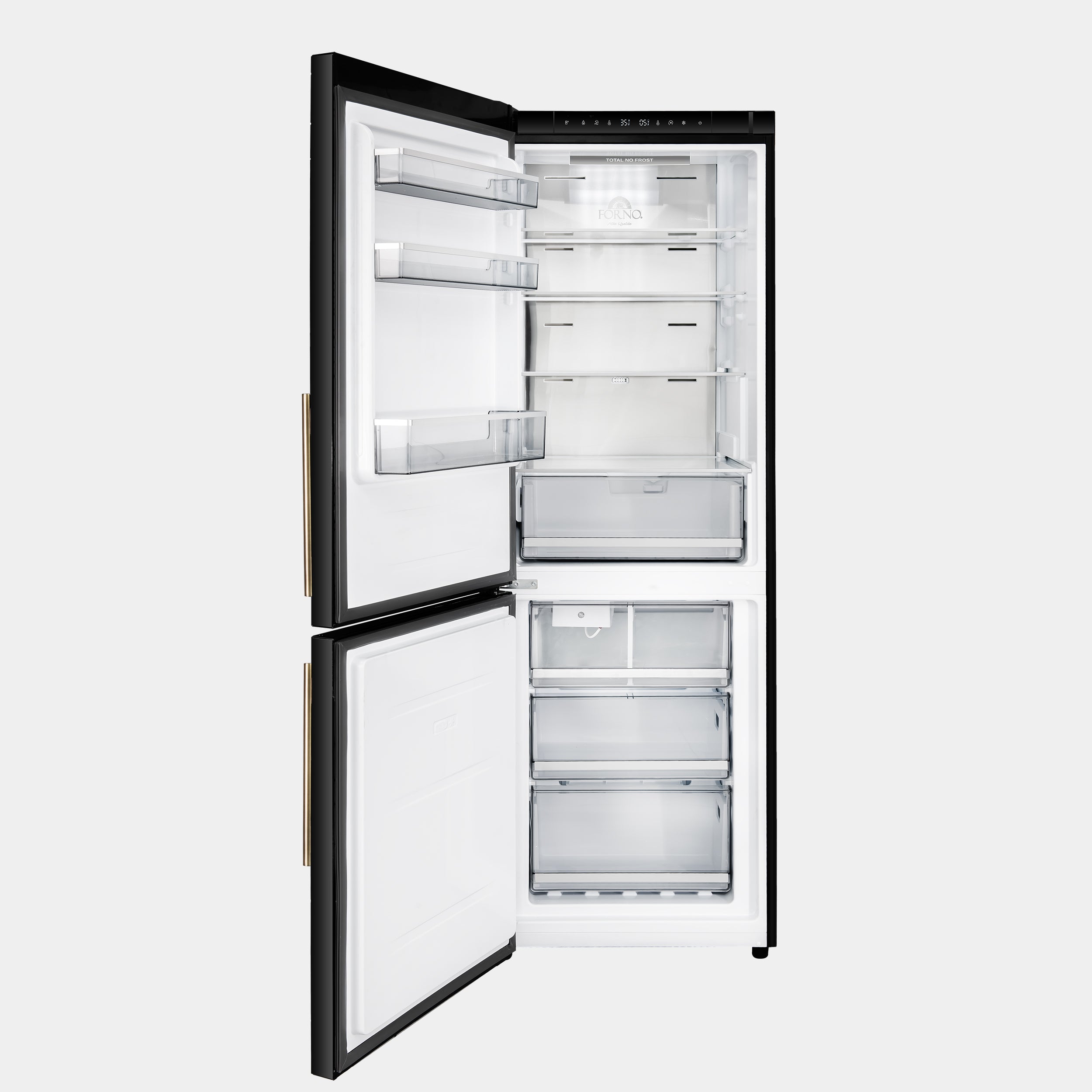 Forno Custodia 24 in. 10.3 cu.ft. Black Left Swing Refrigerator with Bottom Freezer and Antique Brass handles | FFFFD1766-24BLK-LS