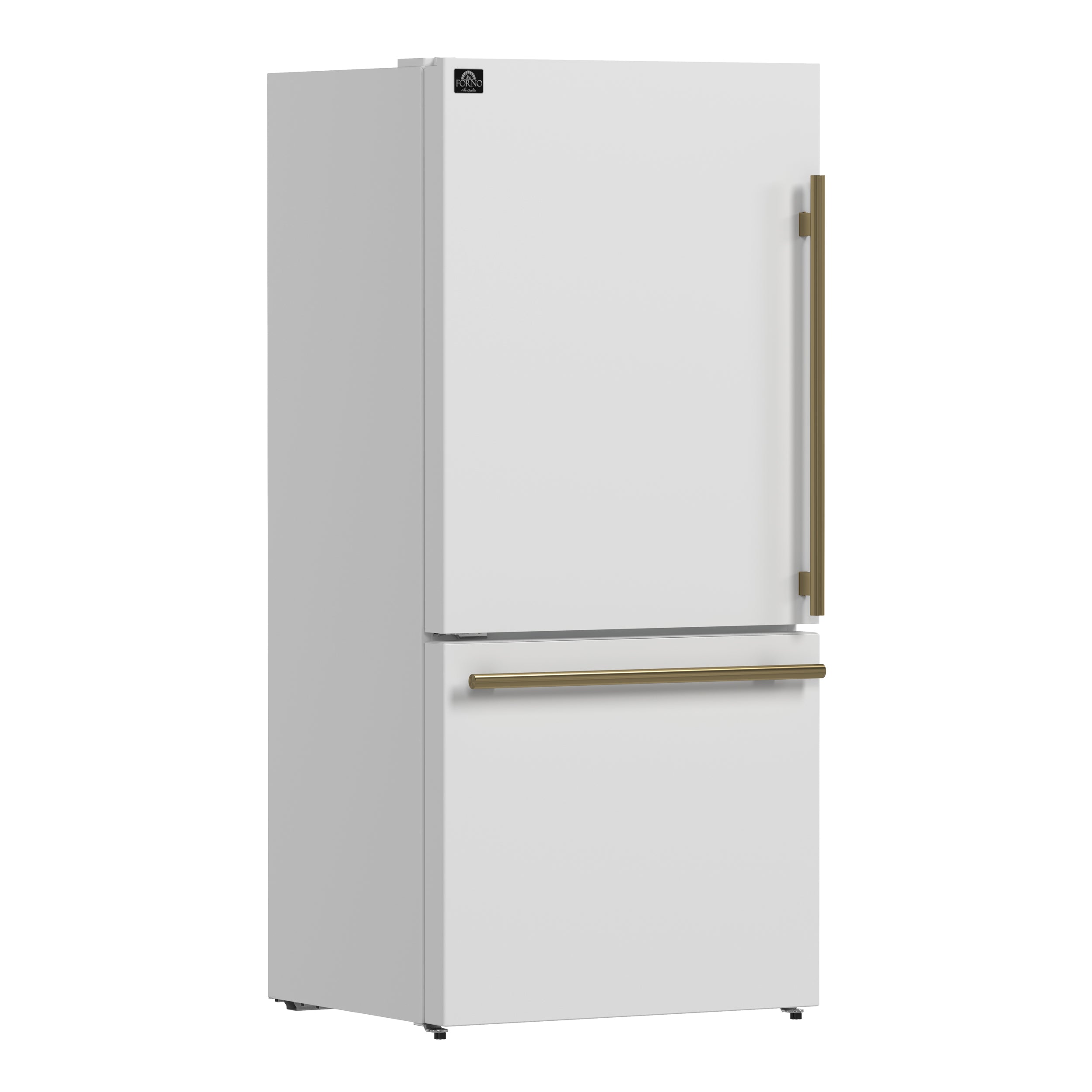 Forno Espresso Milano 31 in. 17.2 cu.ft. White Left Swing Refrigerator with Bottom Freezer, Ice Maker and Antique Brass Handles | FFFFD1786-31WHT
